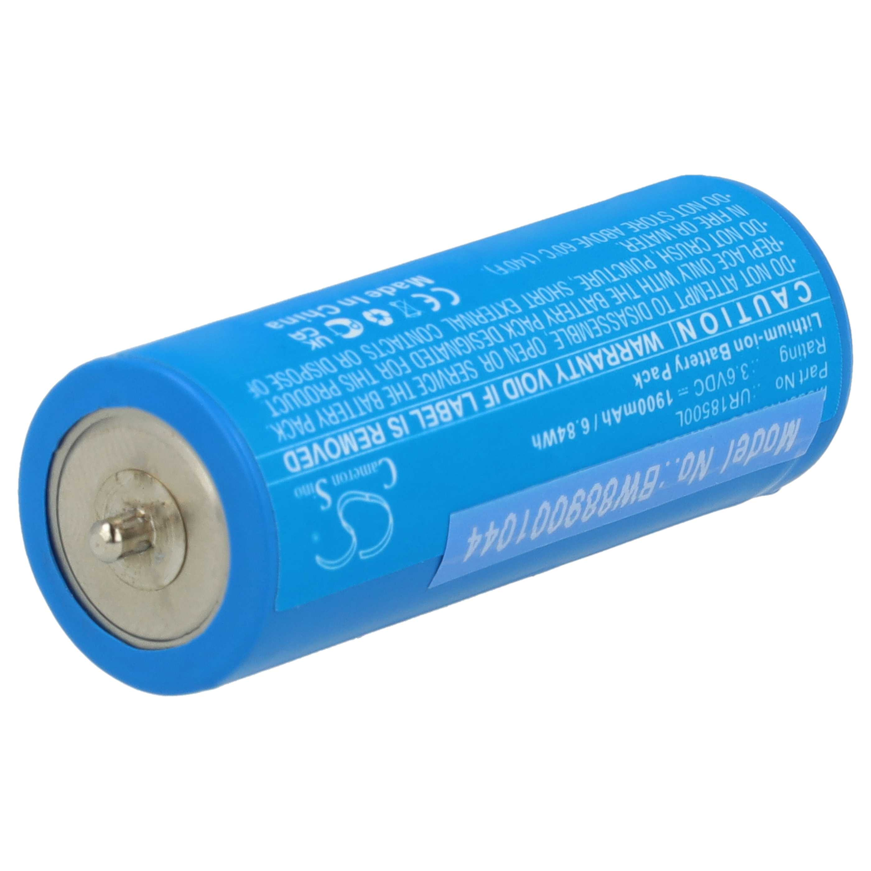 Eine blaue Lithium-Ionen-Batterie mit weißen Aufdrucken und einem Metallanschluss.