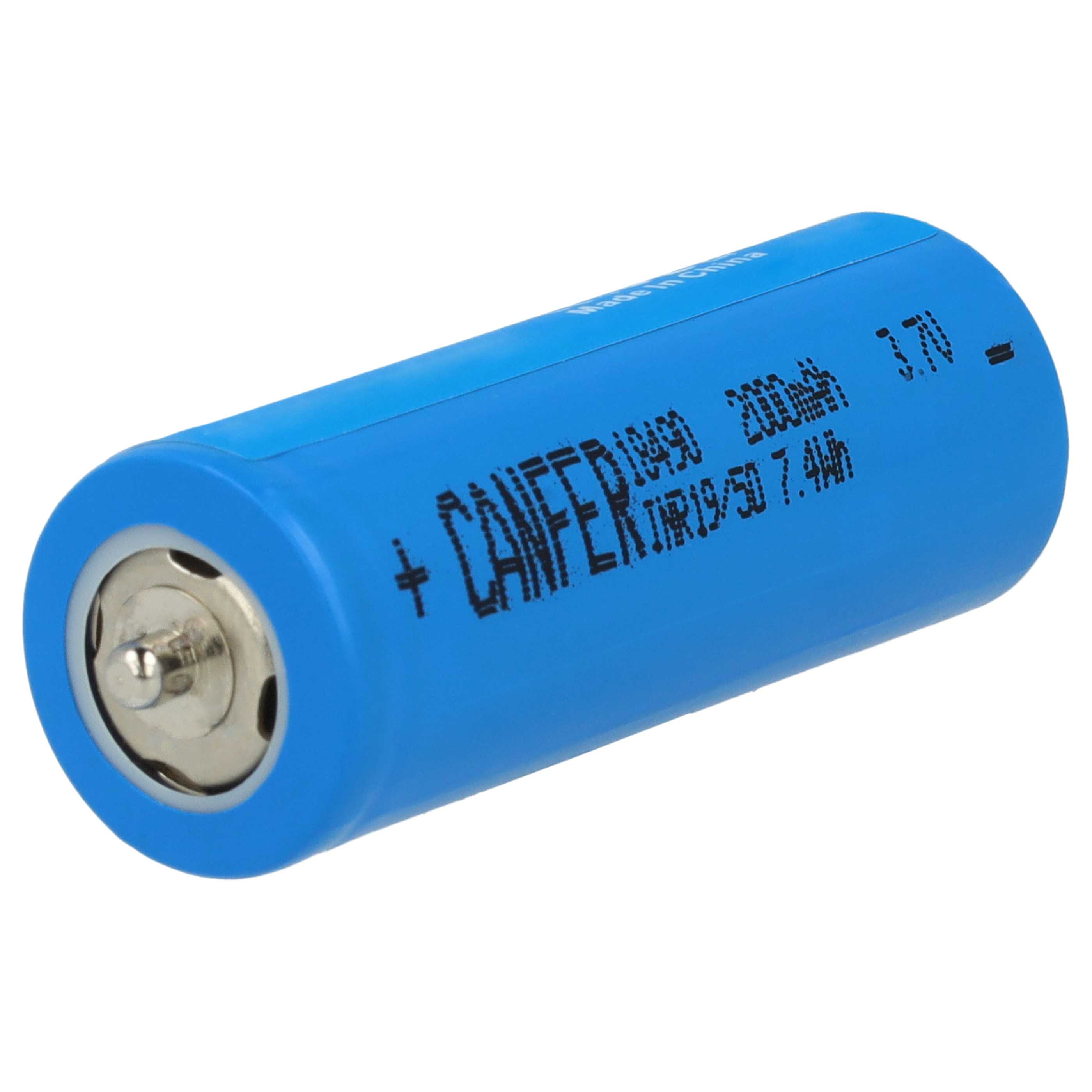Eine blaue 18650-Batterie mit schwarzen Aufdrucken von CANFER, 2000mAh, 3.7V.