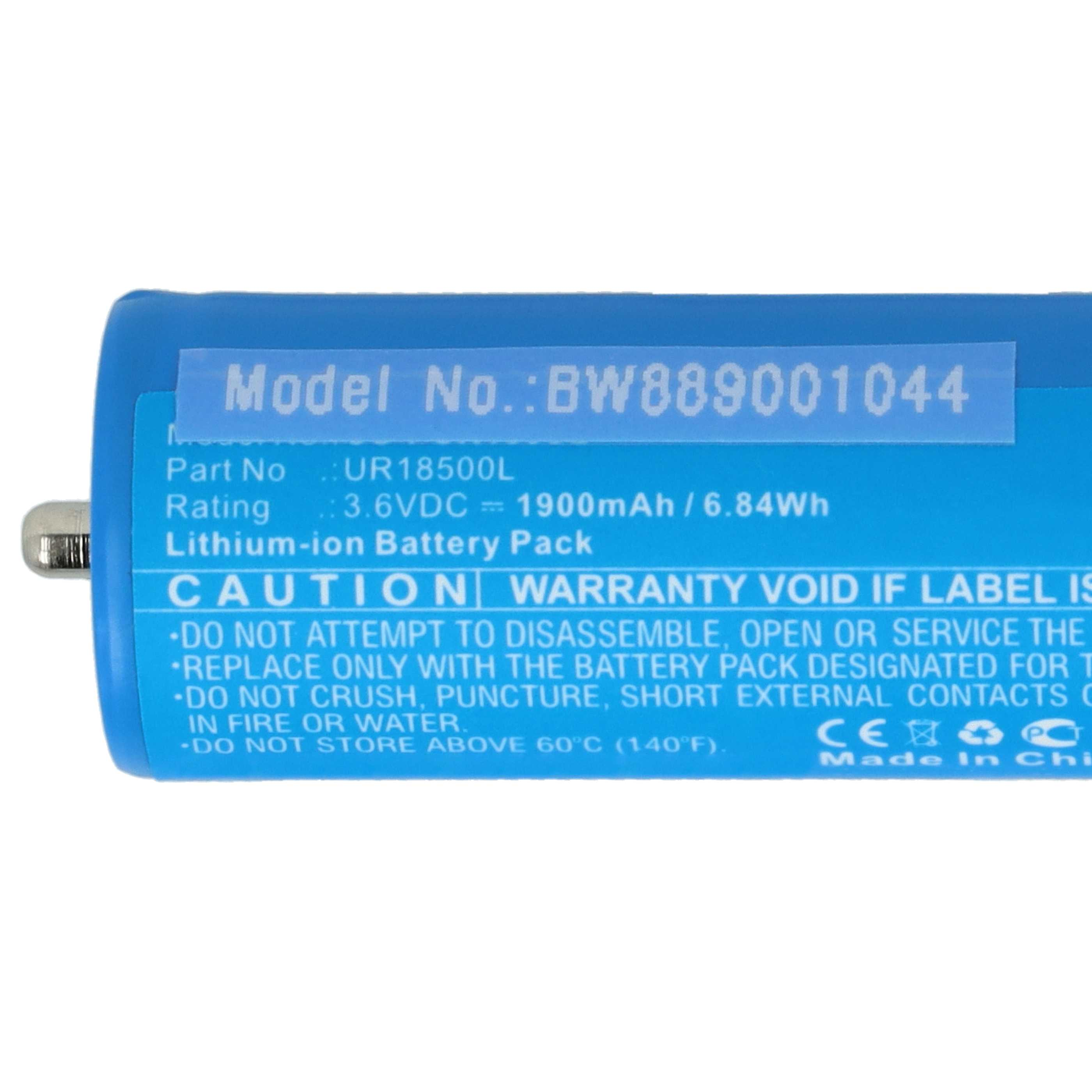 Blauer Lithium-Ionen-Akku mit Modellnummer BW889001044, 3,6VDC, 1900mAh.