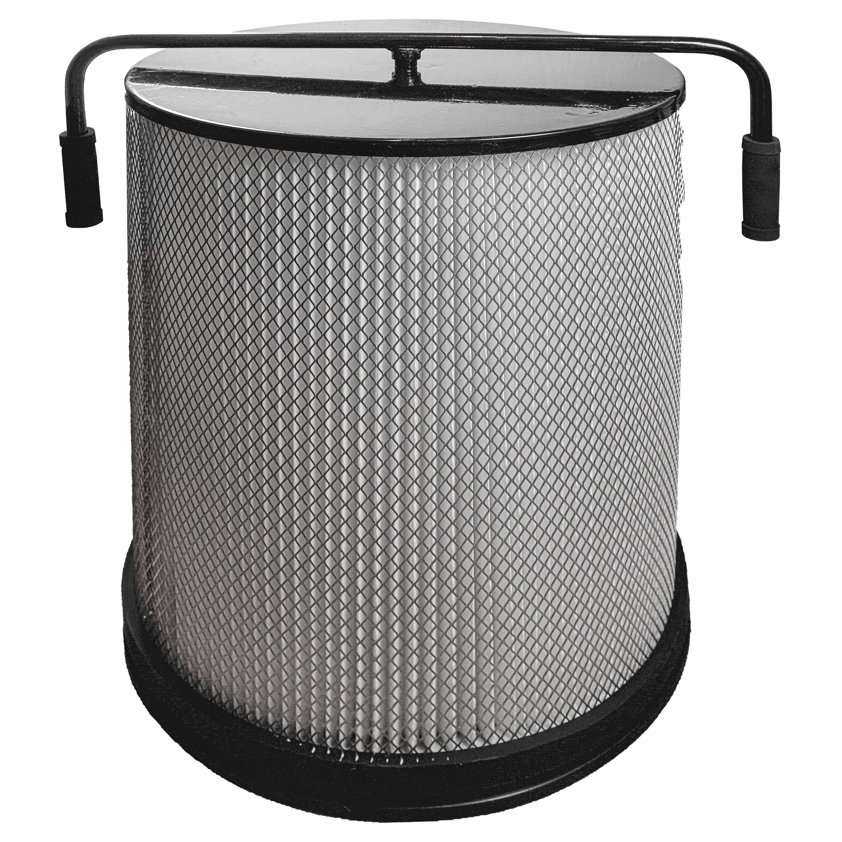 Ein runder Luftfilter mit Falten und einem Metallgitter.