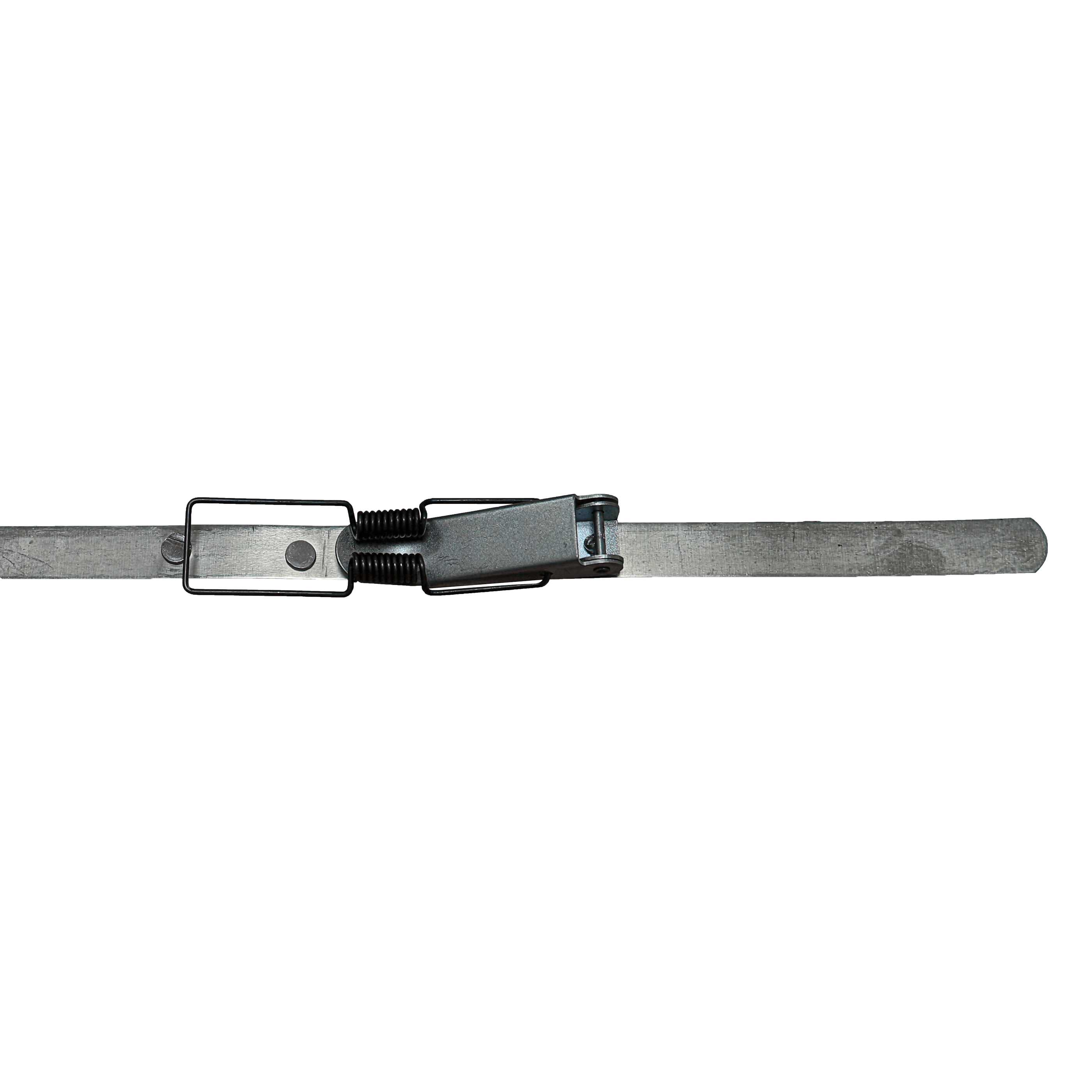 Ein Metallriegel mit Feder und Griff auf weißem Hintergrund.