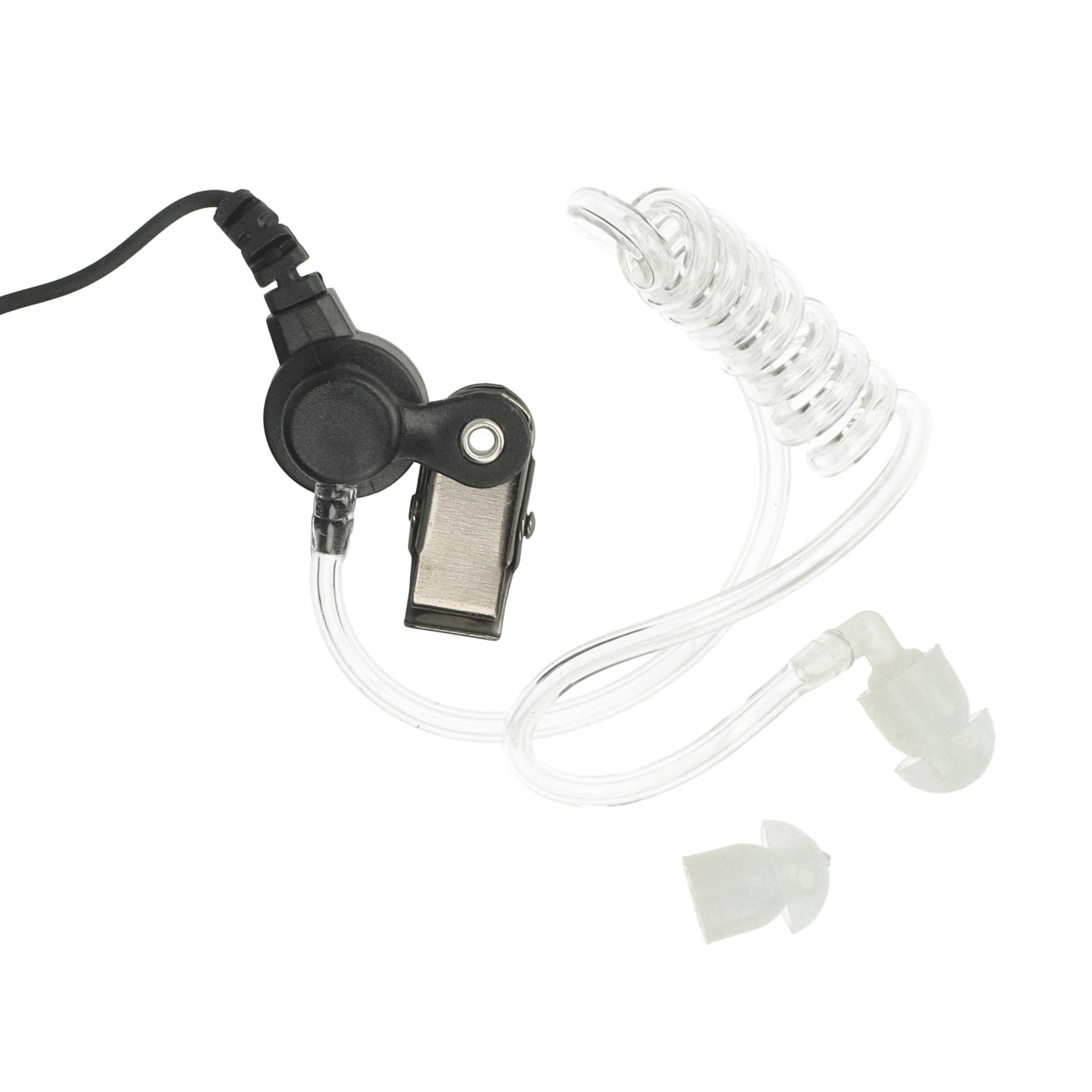 Ein schwarzes Kabel führt zu einem schwarzen Clip und einer durchsichtigen Schlaufe mit Ohrstöpseln.