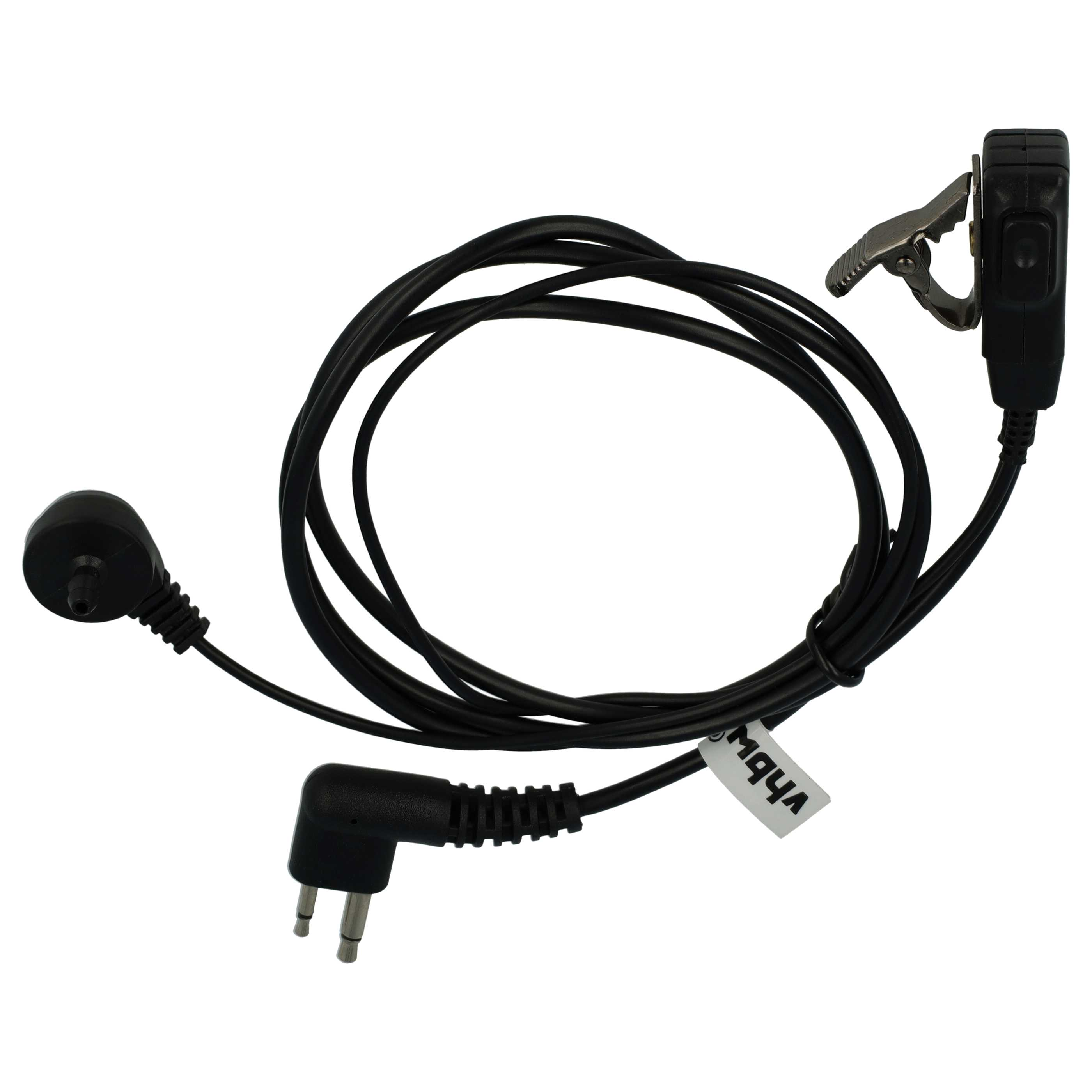 Ein schwarzes Headset mit Clip und zwei Stecker.