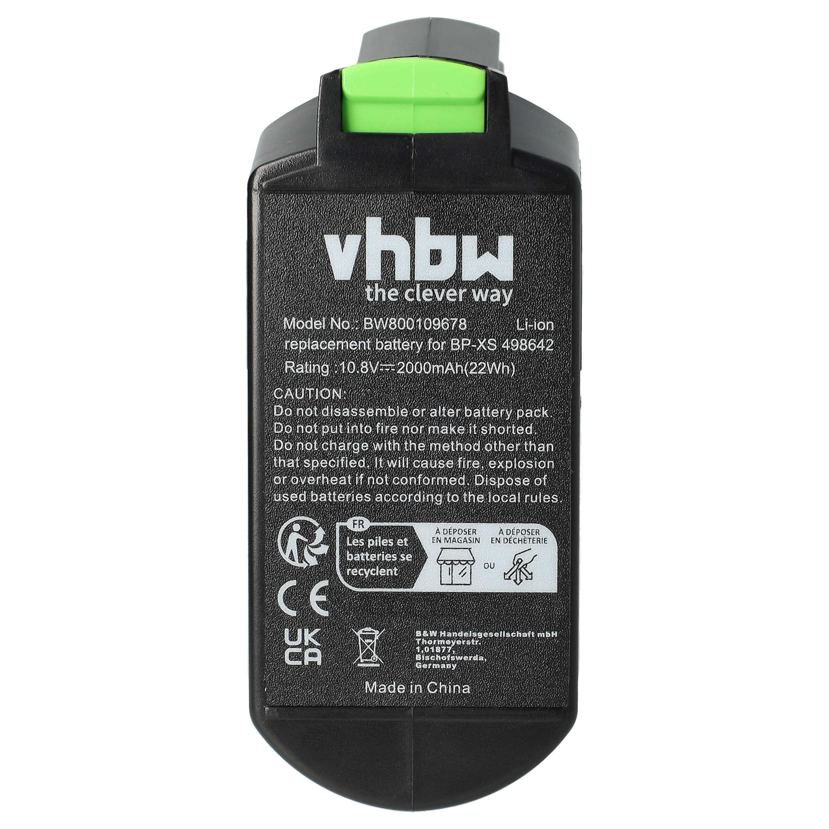 Schwarzer Li-Ion-Akku mit grünem Knopf und Beschriftung: vhbw, 10.8V, 2000mAh.