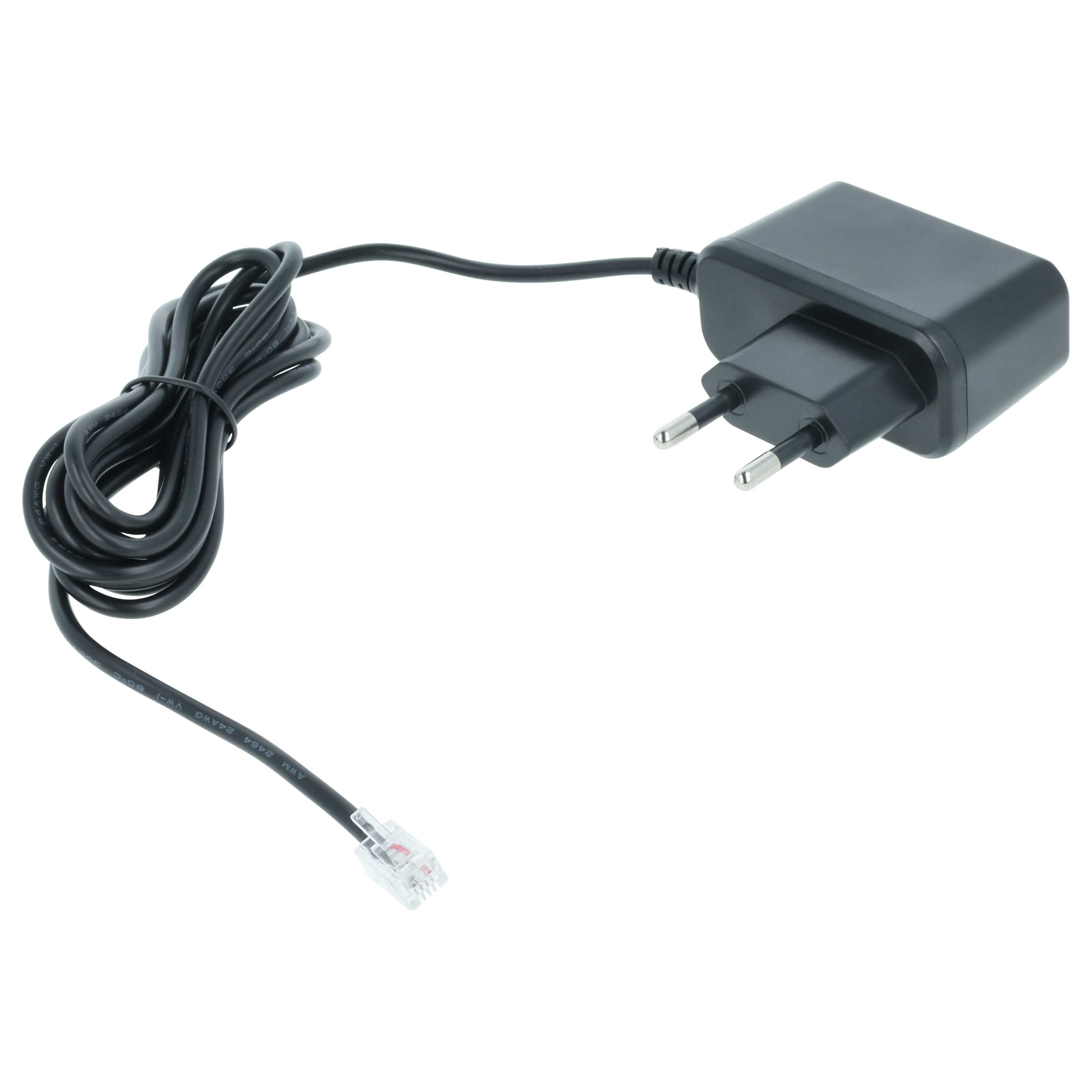 Ein schwarzes Netzteil mit einem europäischen Stecker und einem RJ11-Anschluss.