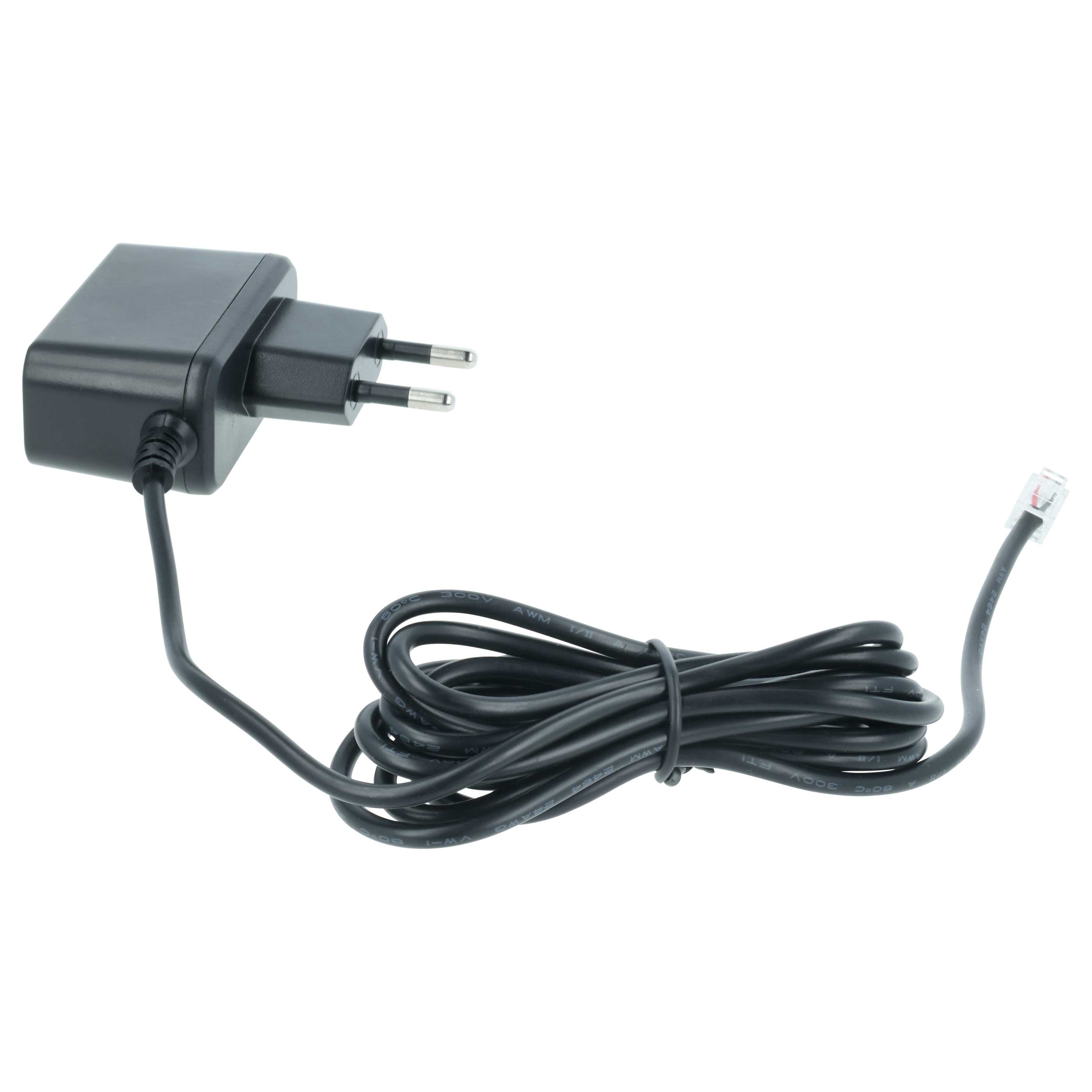 Schwarzes Netzteil mit Kabel und RJ11-Stecker, auf weißem Hintergrund.