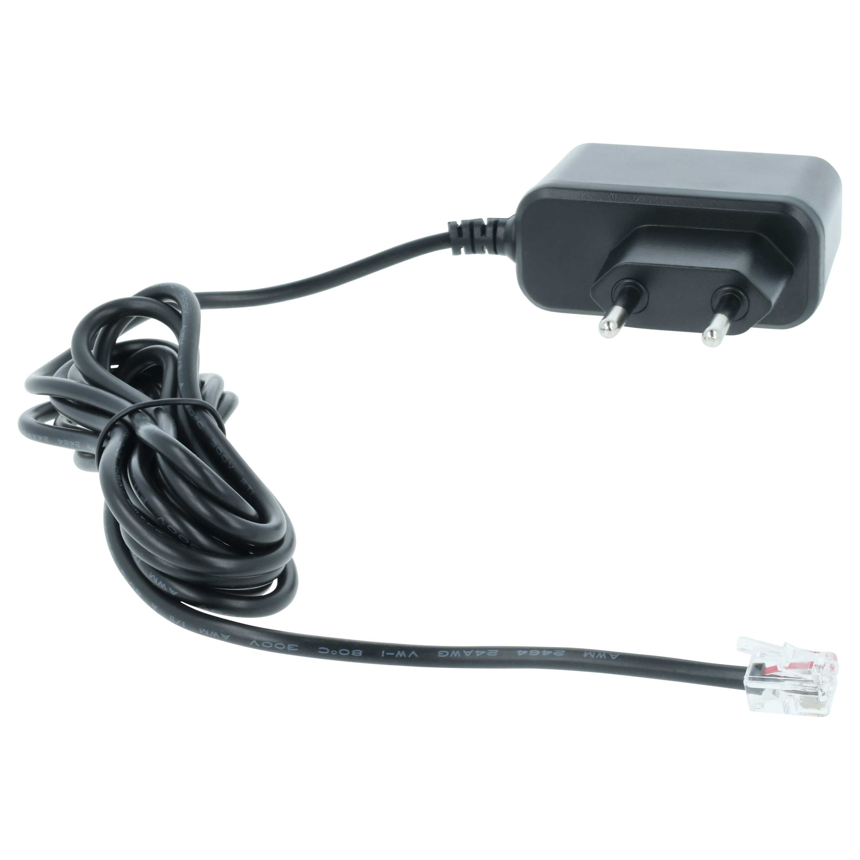 Schwarzes Netzteil mit Kabel und RJ11-Stecker.
