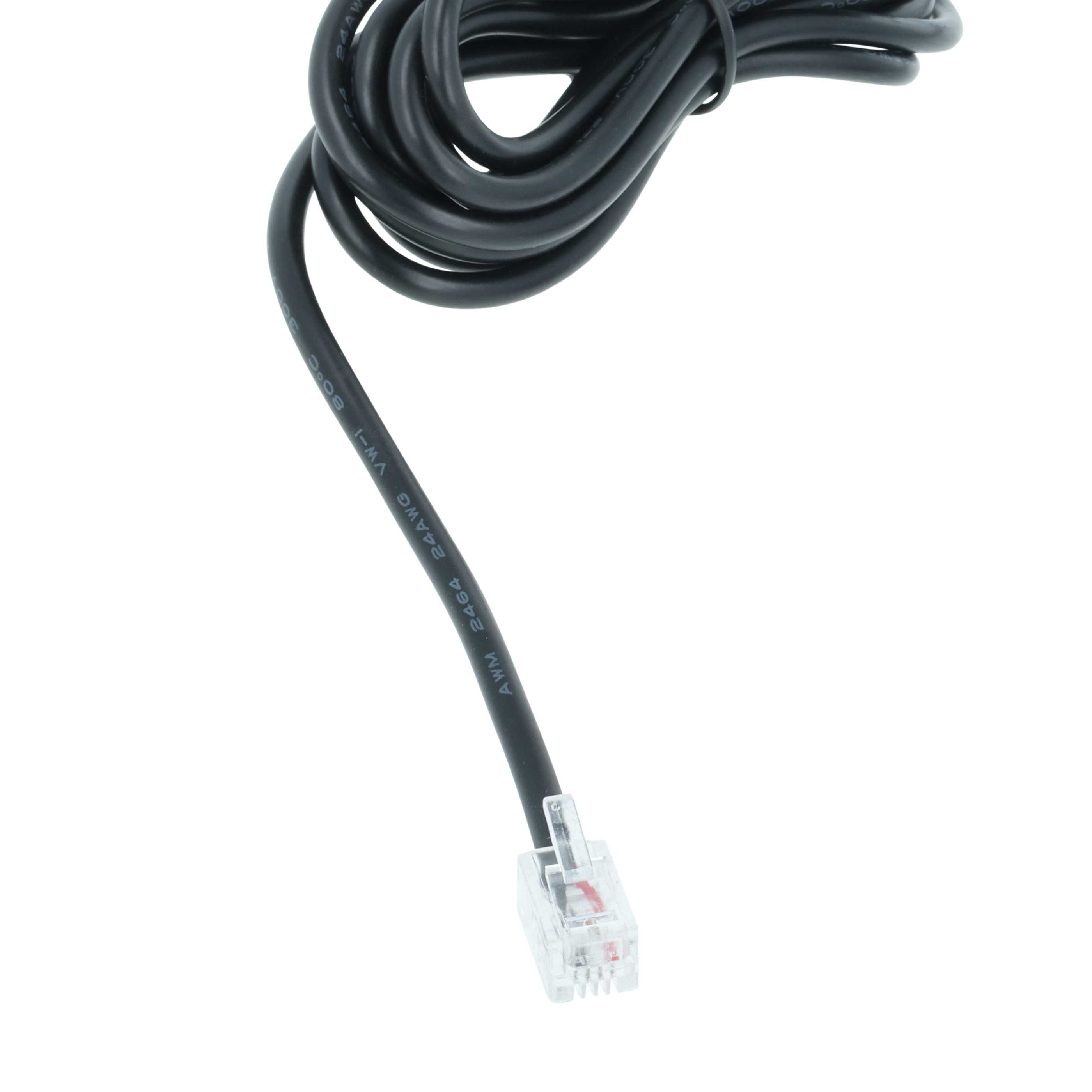 Schwarzes Kabel mit RJ11-Stecker auf weißem Hintergrund. Aufdruck: AWM 2464.