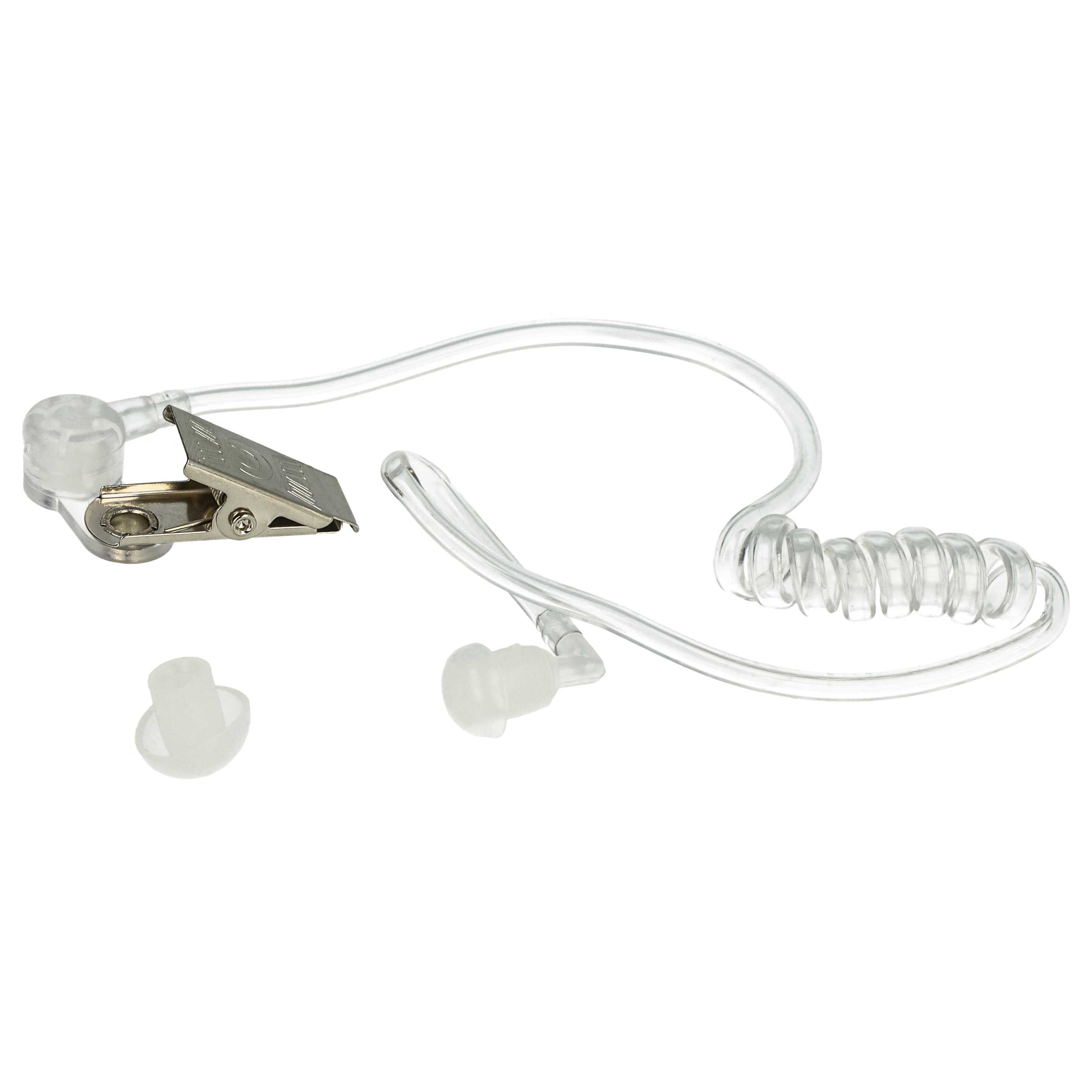 Ein durchsichtiges Akustik-Schlauch-Headset mit Ohrstöpsel und Clip.