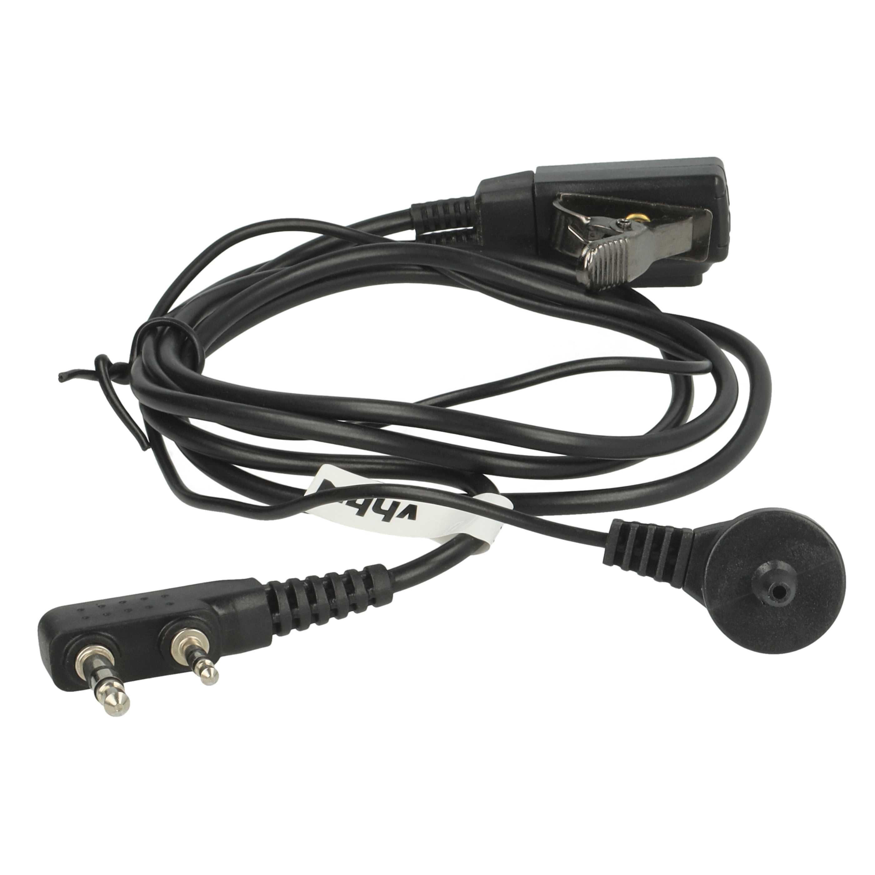 Schwarzes Kabel mit zwei Stöpseln, einer Klemme und einem Ohrhörer.