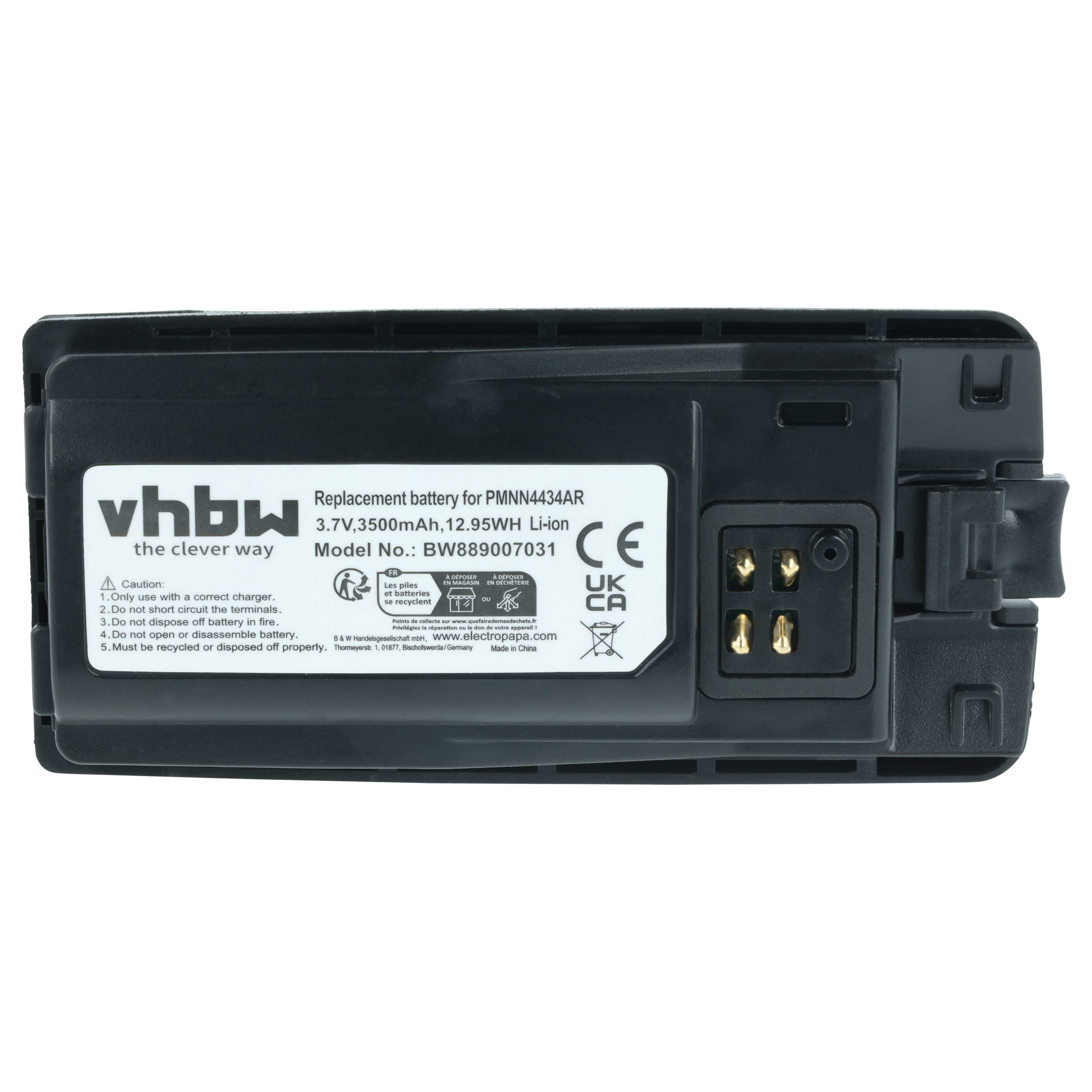 Schwarzer Li-Ion-Akku für PMNN4434AR, 3,7V, 3500mAh, mit Warnhinweisen.