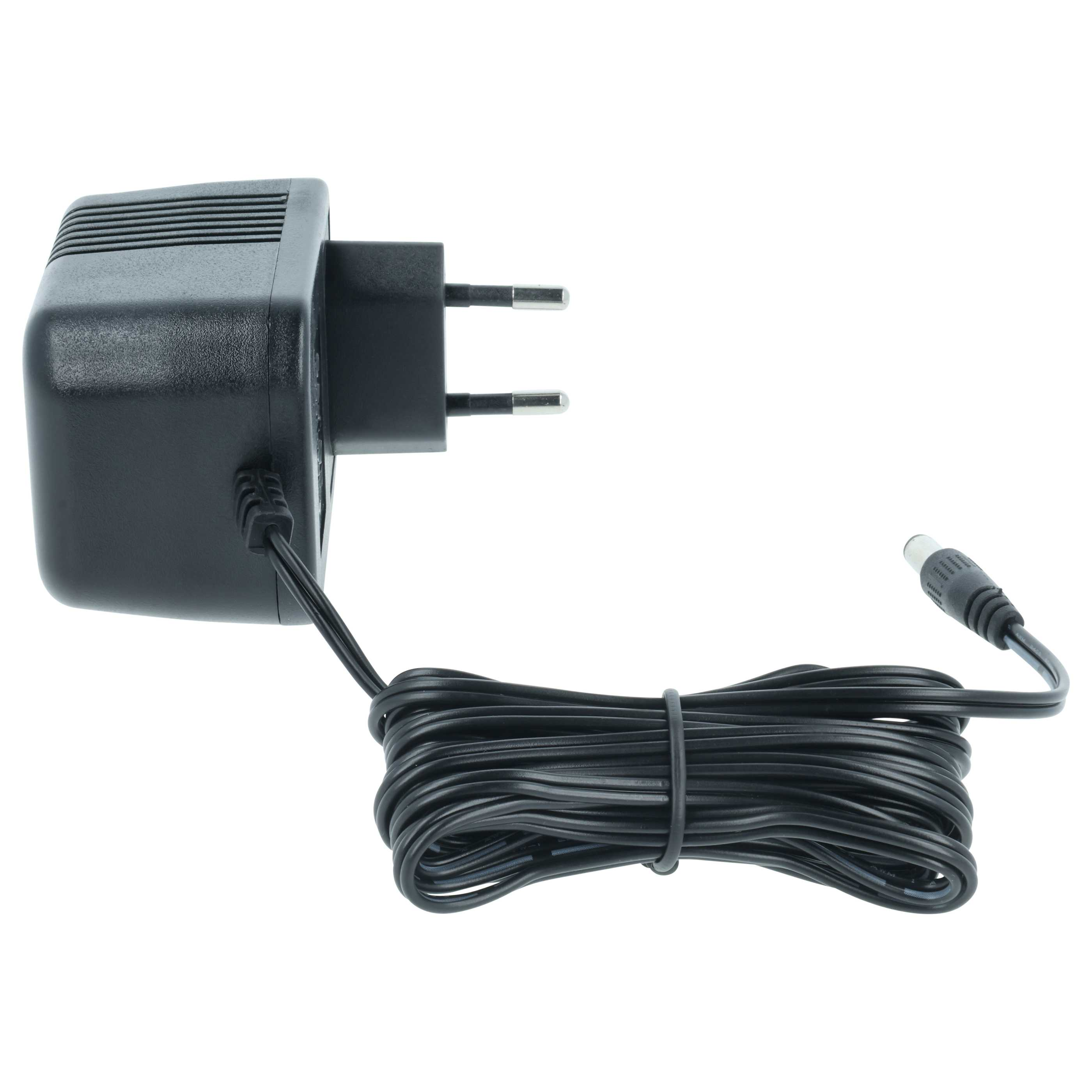 Schwarzer Netzstecker mit Kabel und Rundstecker.