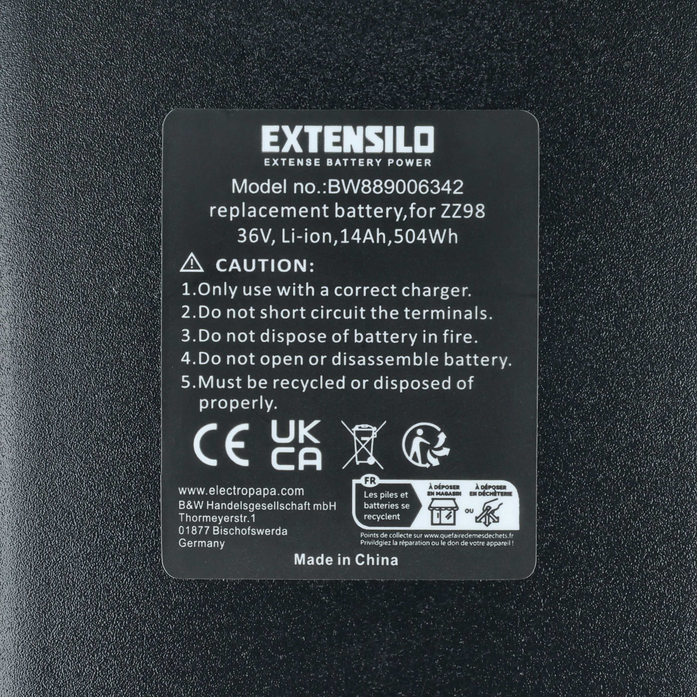 Aufkleber für eine 36V Li-ion Batterie mit Warnhinweisen und Recycling-Symbolen.