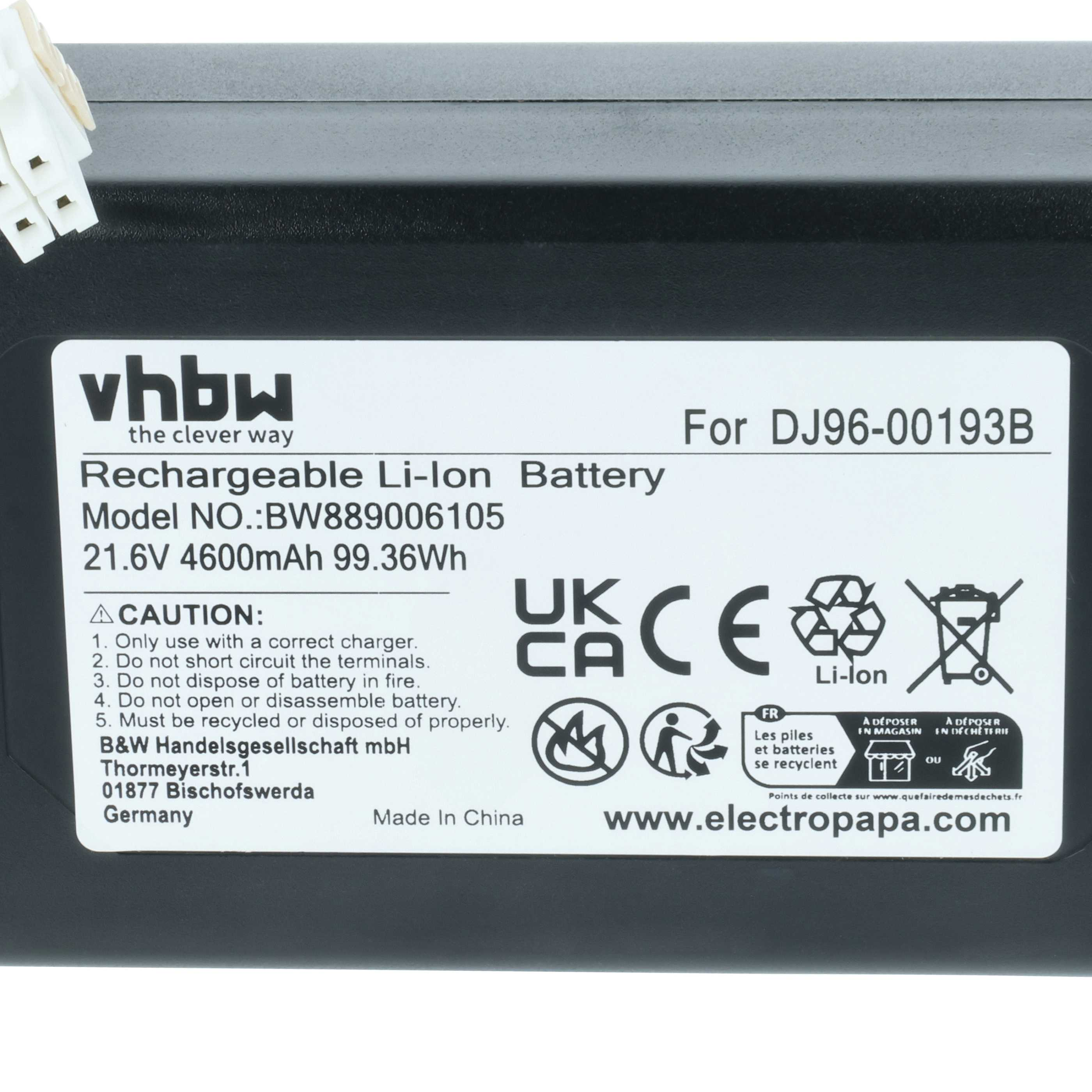 Schwarzer Li-Ion Akku mit Aufkleber: VHBW, Modell BW889006105, 21.6V, 4600mAh.