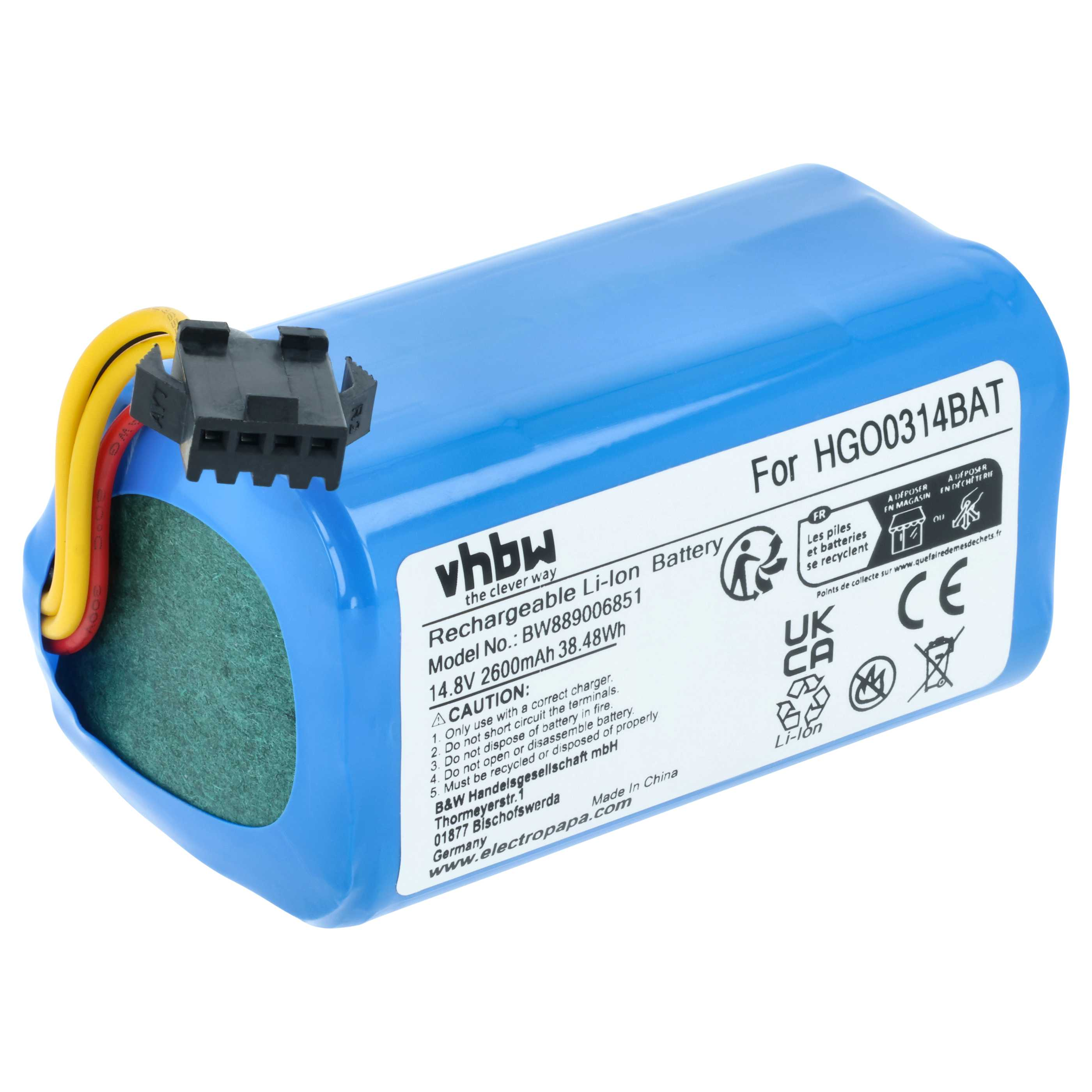 Ein blaues Li-Ion Akku-Pack mit Kabel und Stecker, Modell HGO0314BAT.