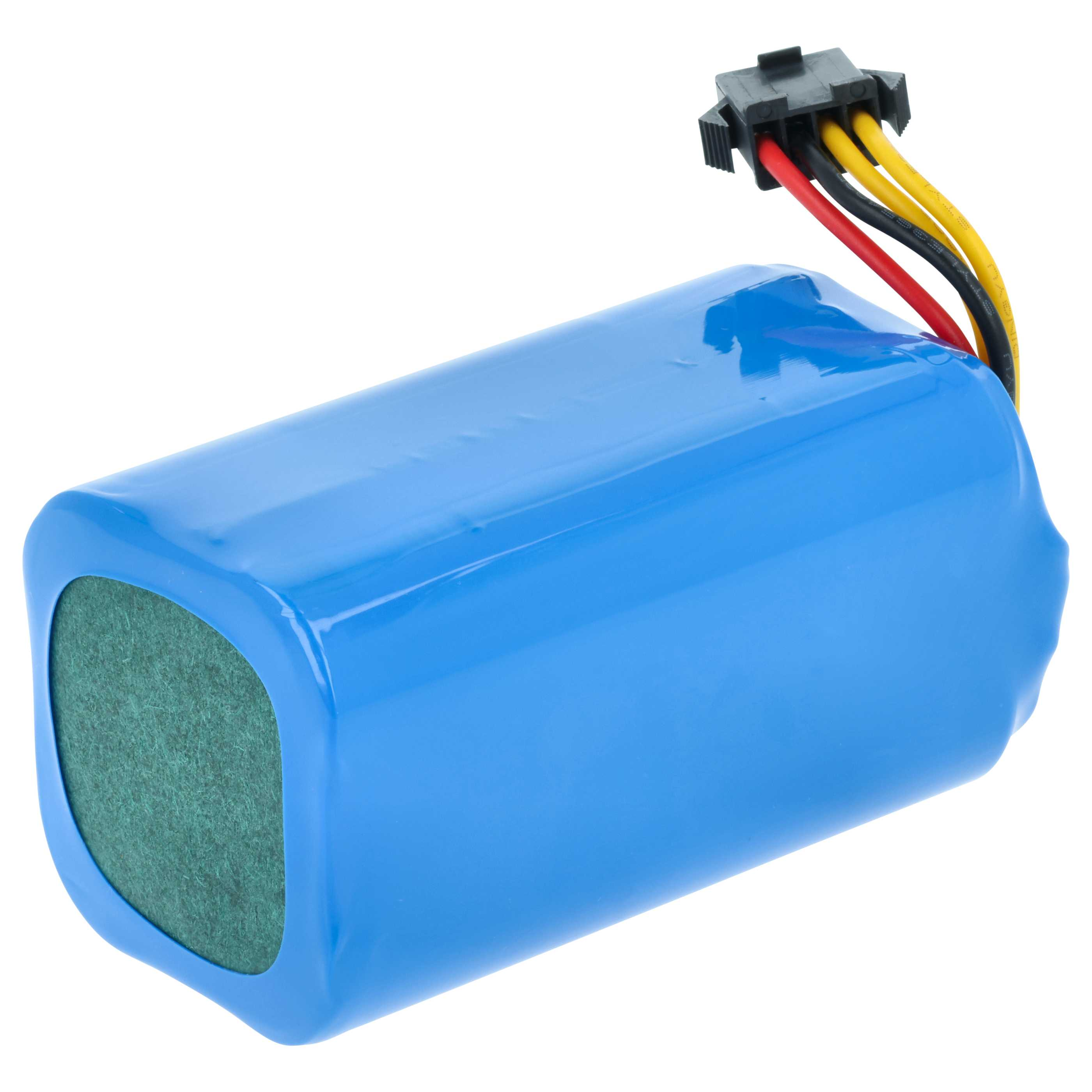 Ein blauer Akku mit vier Kabeln und einem schwarzen Stecker.