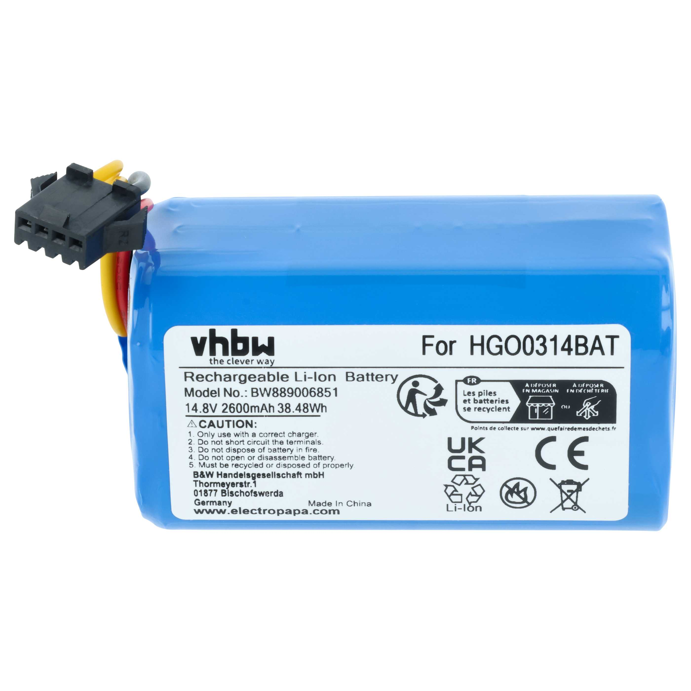 Blauer Li-Ion Akku mit schwarzem Stecker und Kabeln. Aufschrift: vhbw, 14.8V, 2600mAh.
