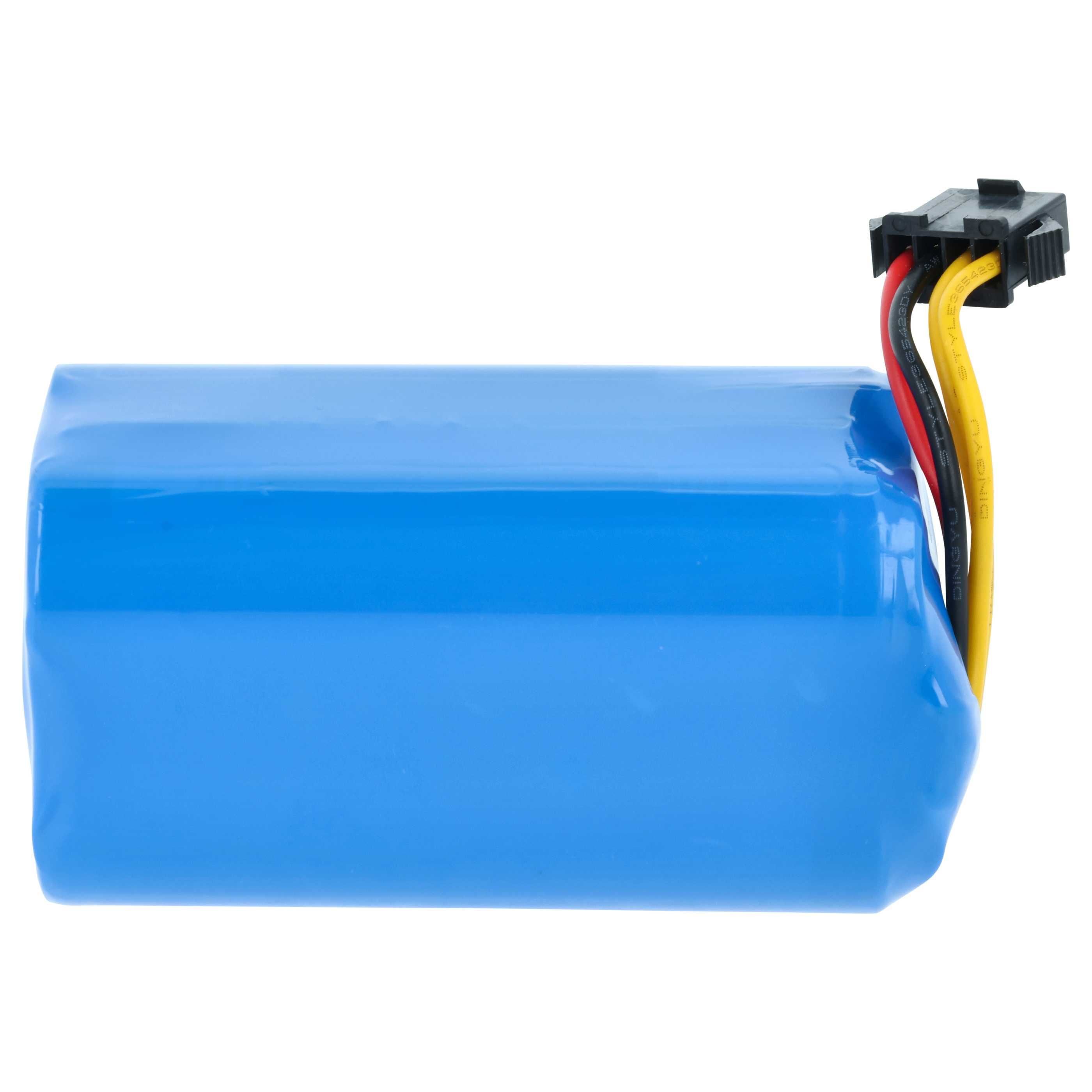 Ein blauer Akku mit schwarzen, roten und gelben Kabeln, die an einem Stecker befestigt sind.