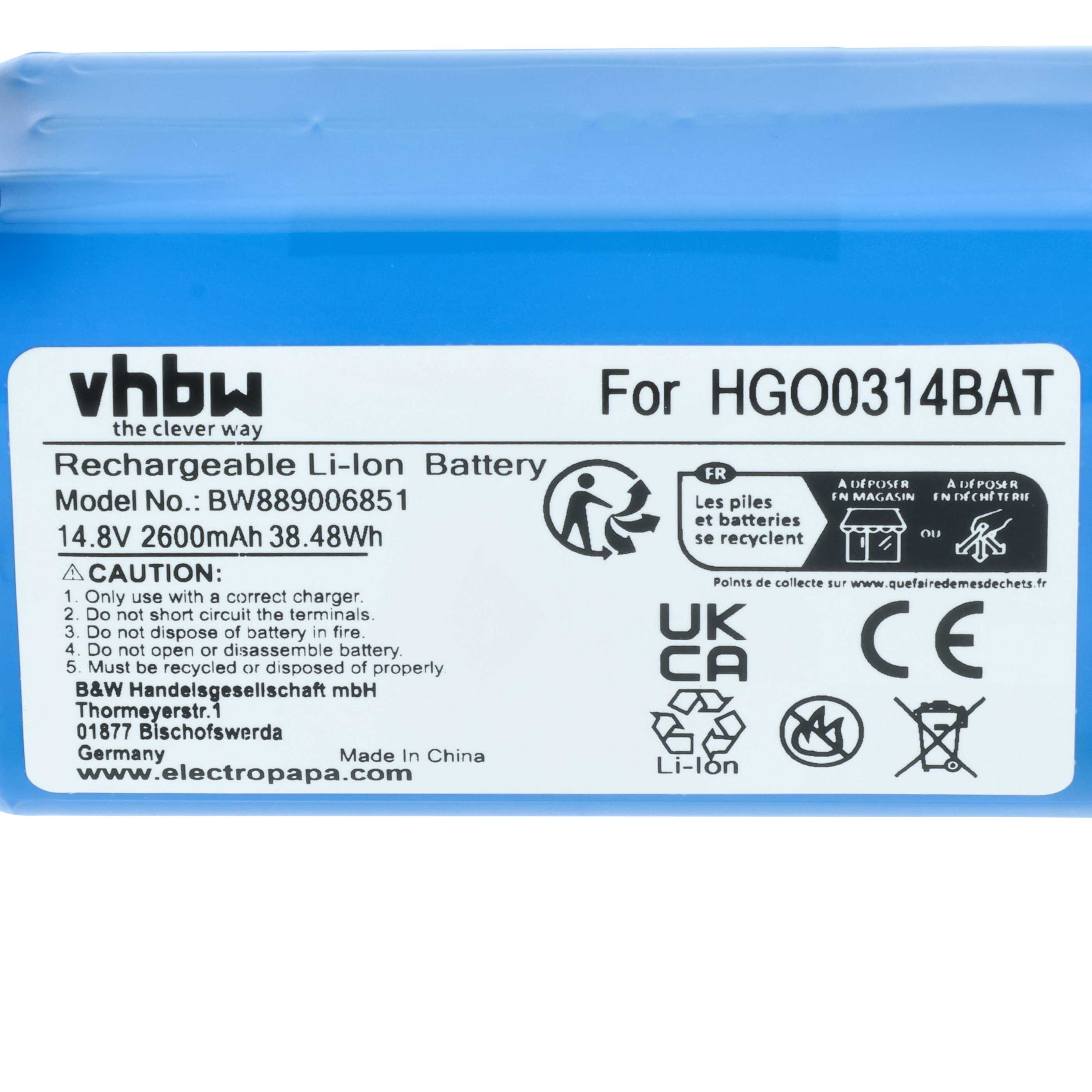 Blauer Akku mit Aufkleber: VHBW, Li-Ion, 14.8V 2600mAh, HGO0314BAT.