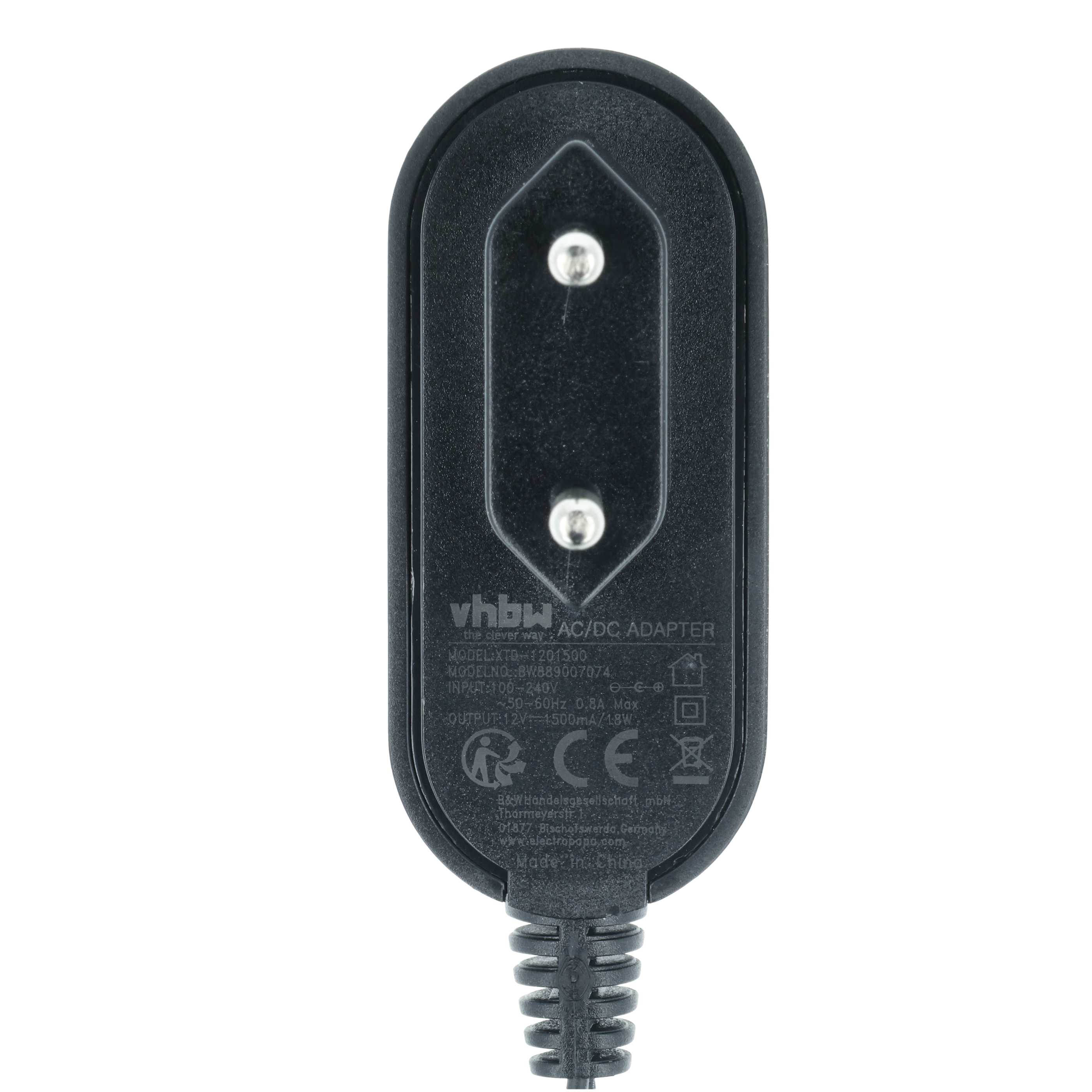 Schwarzer AC/DC-Adapter mit EU-Stecker, Daten auf der Vorderseite.
