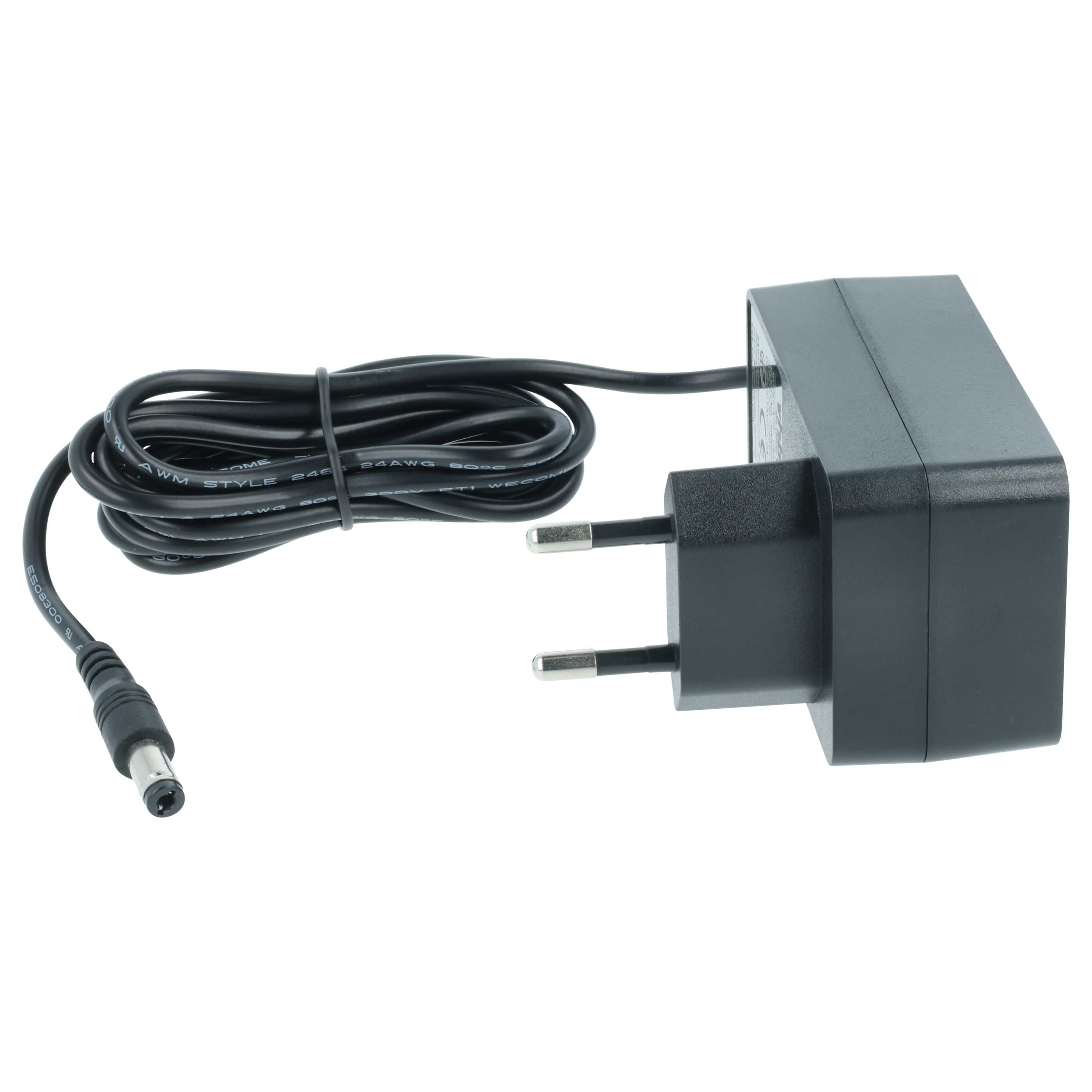 Schwarzes Netzteil mit gewickeltem Kabel und Eurostecker. Rundstecker am Kabelende.
