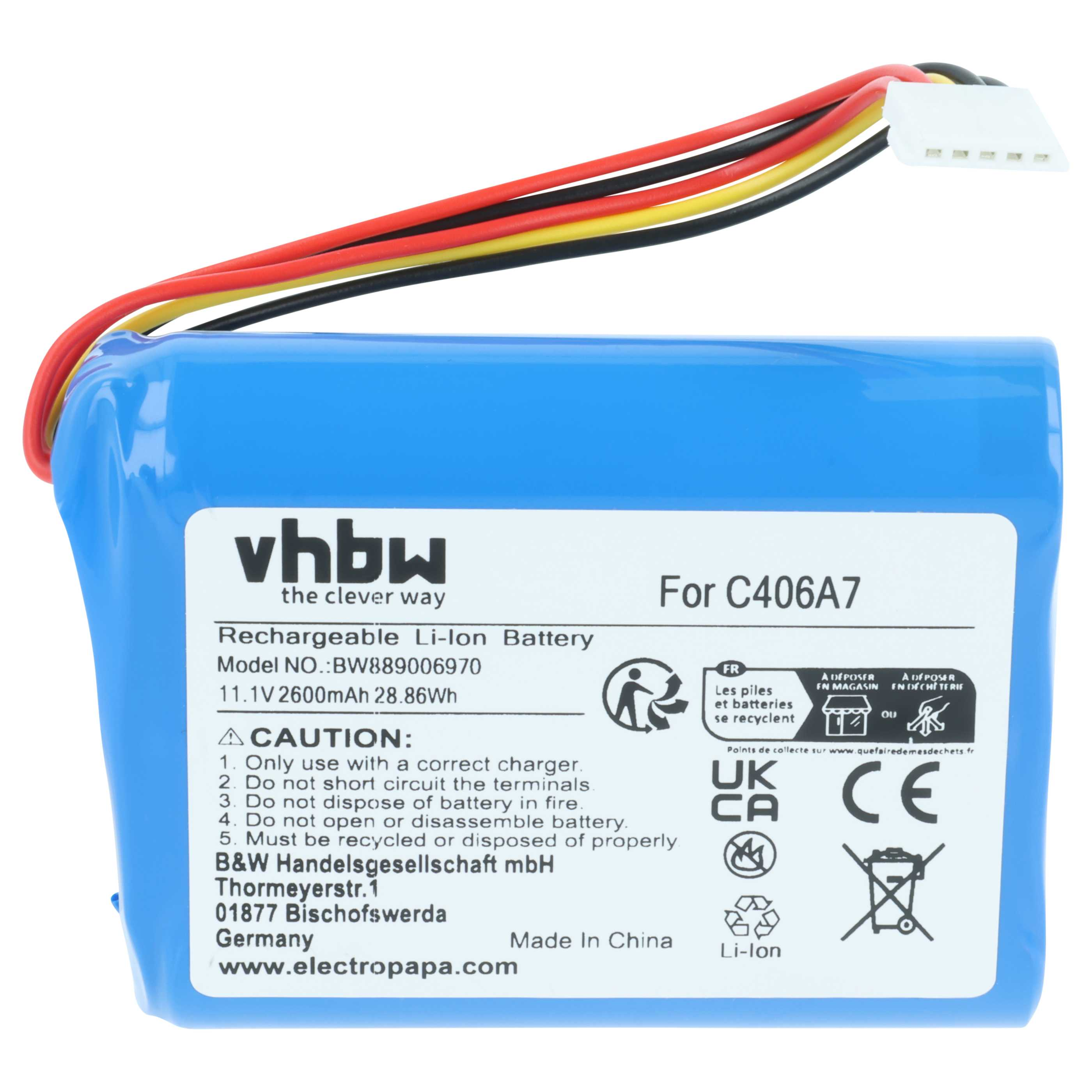 Blauer Li-Ion Akku mit Kabeln und Stecker, Modell C406A7.