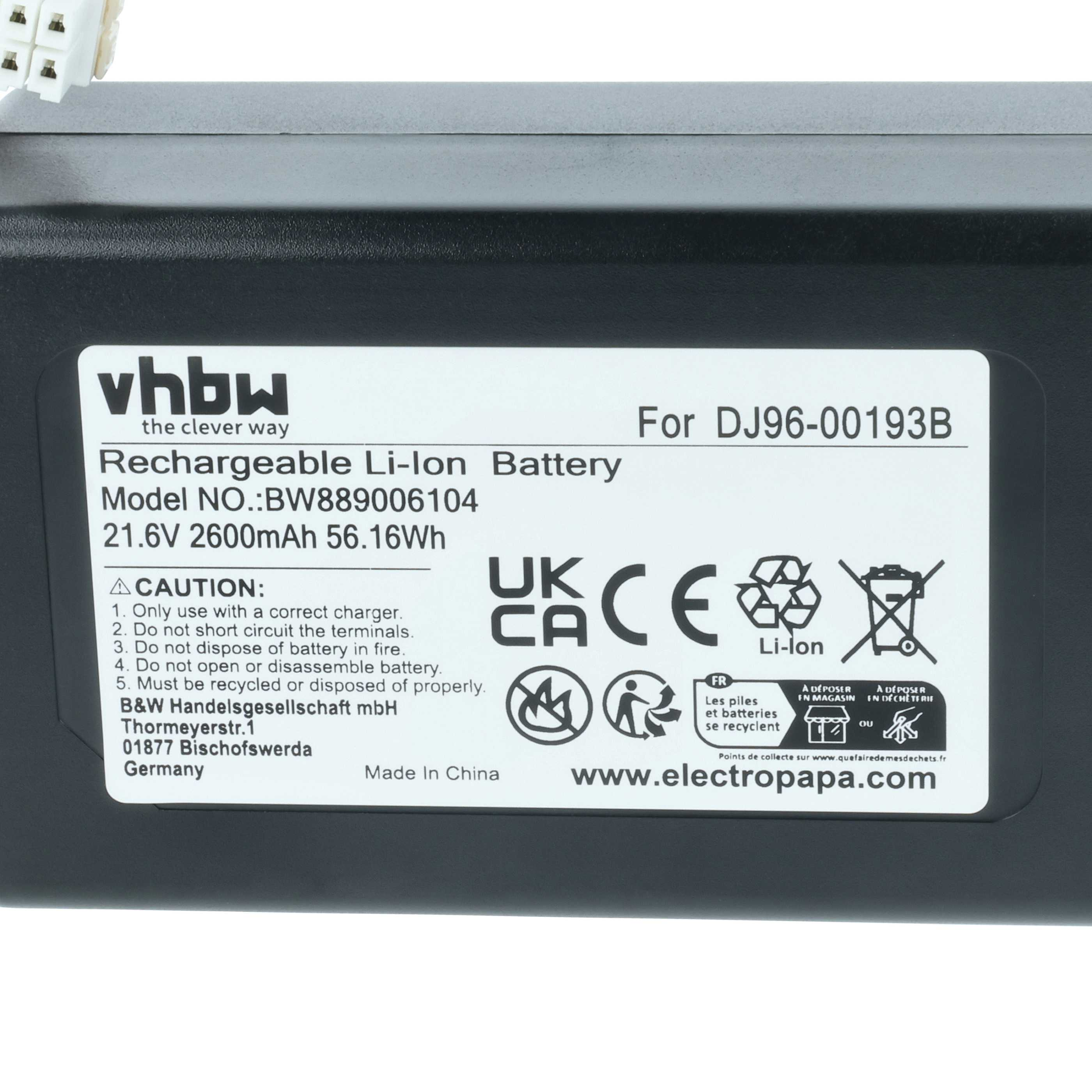 VhbW Akku: 21.6V 2600mAh für DJ96-00193B, mit Warnsymbolen.