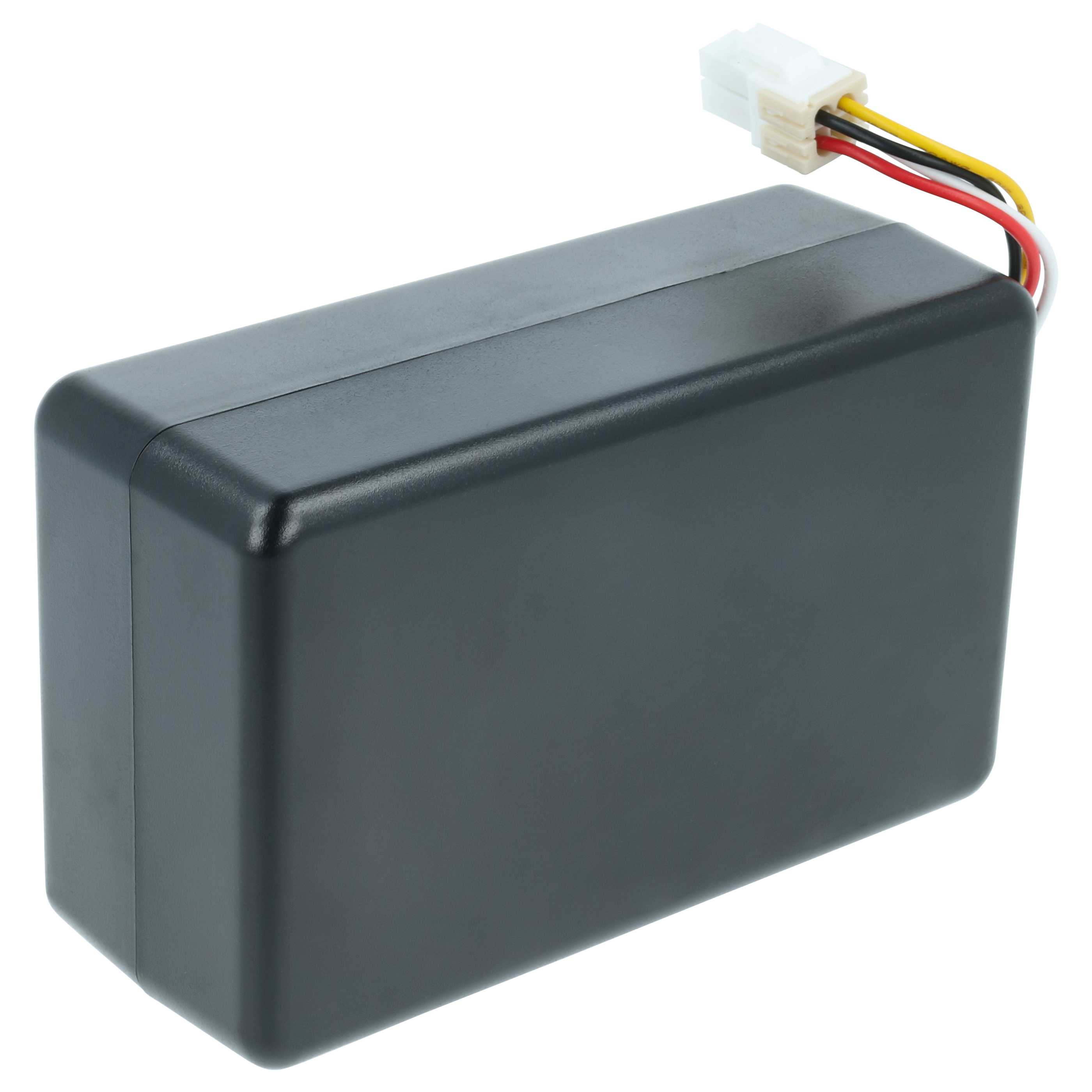 Ein schwarzer rechteckiger Kasten mit einem weißen Stecker und vier Kabeln.