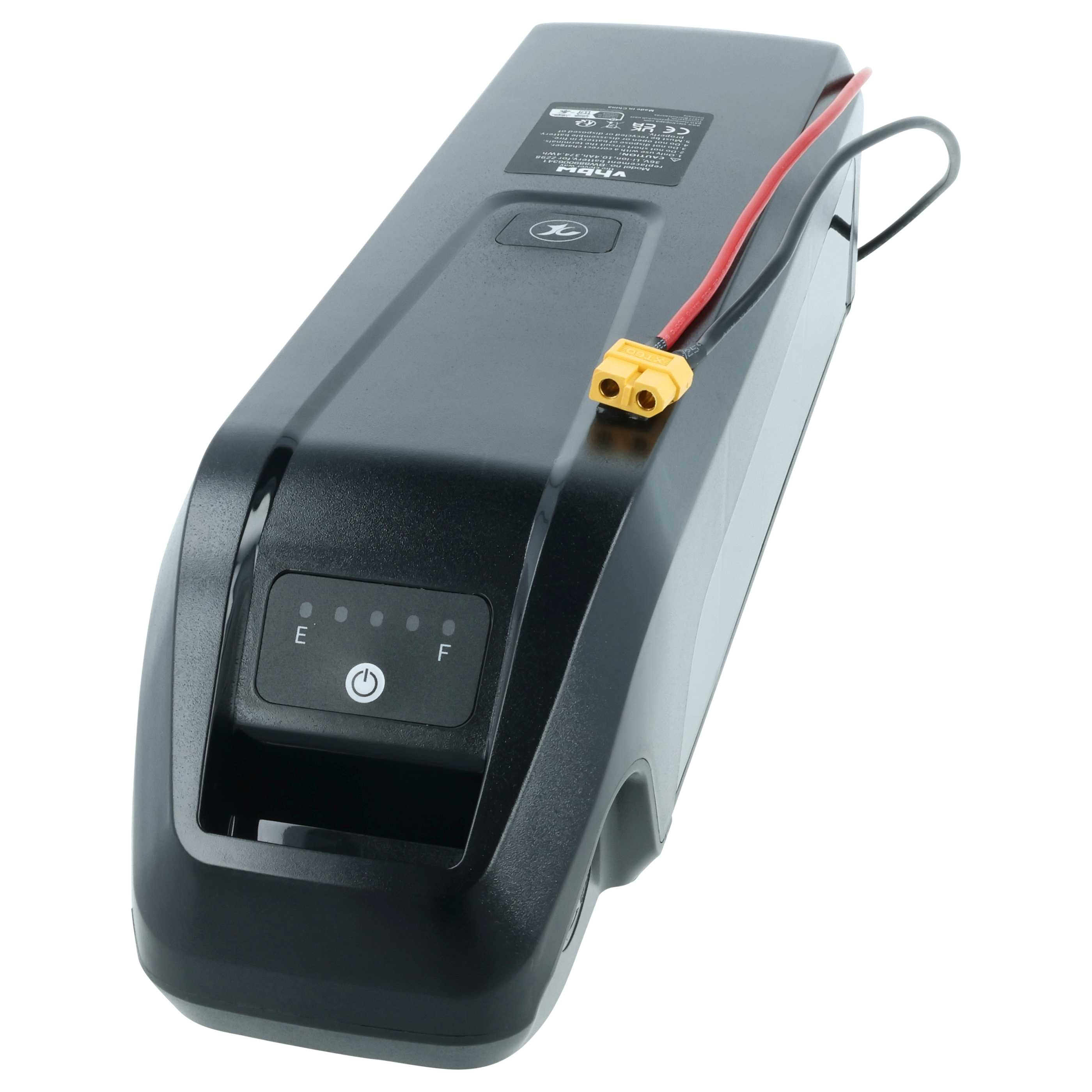 Schwarzer Akku mit roten und schwarzen Kabeln und gelbem Stecker.