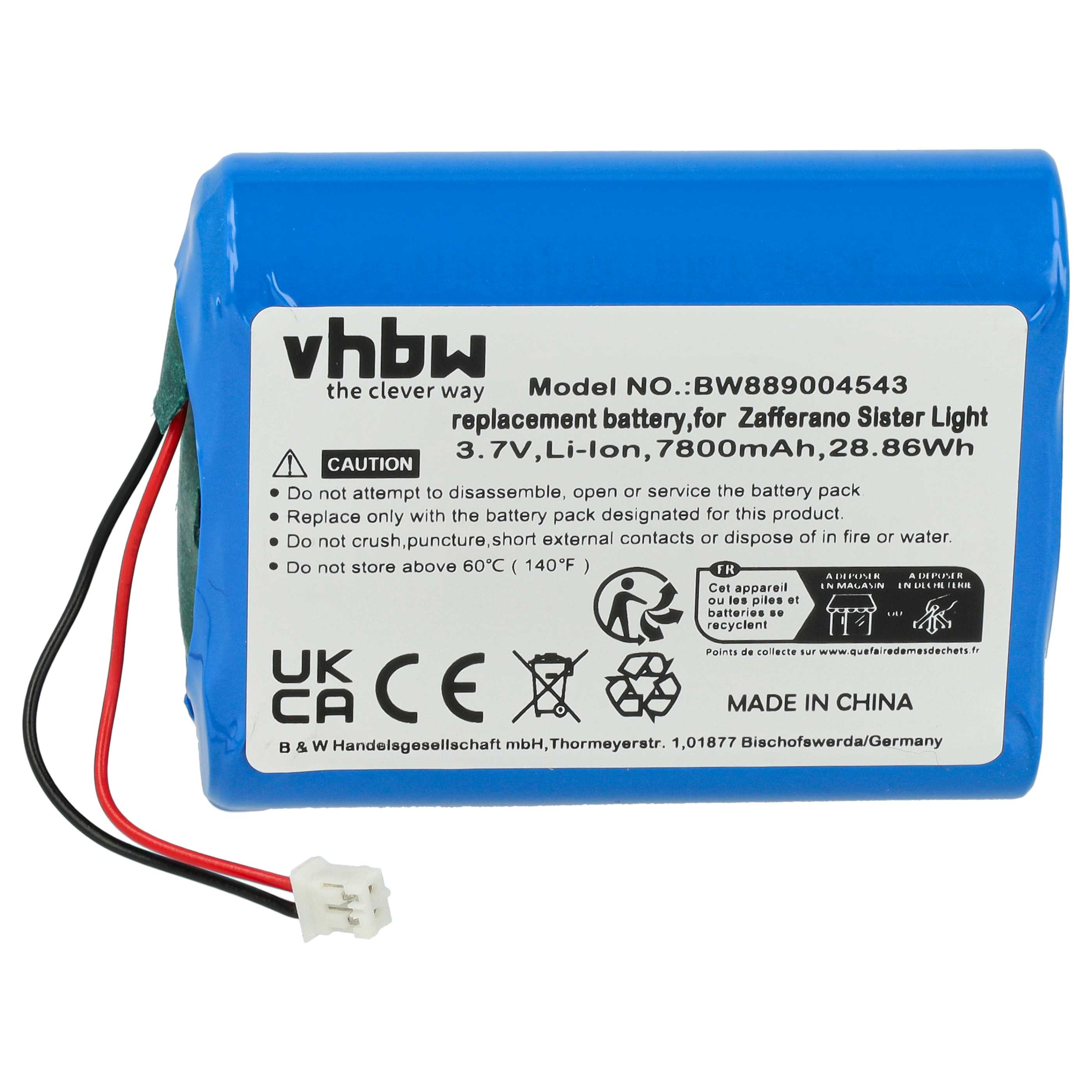 Ein blauer Lithium-Ionen-Akku mit schwarzen und roten Kabeln und Kennzeichnungen.