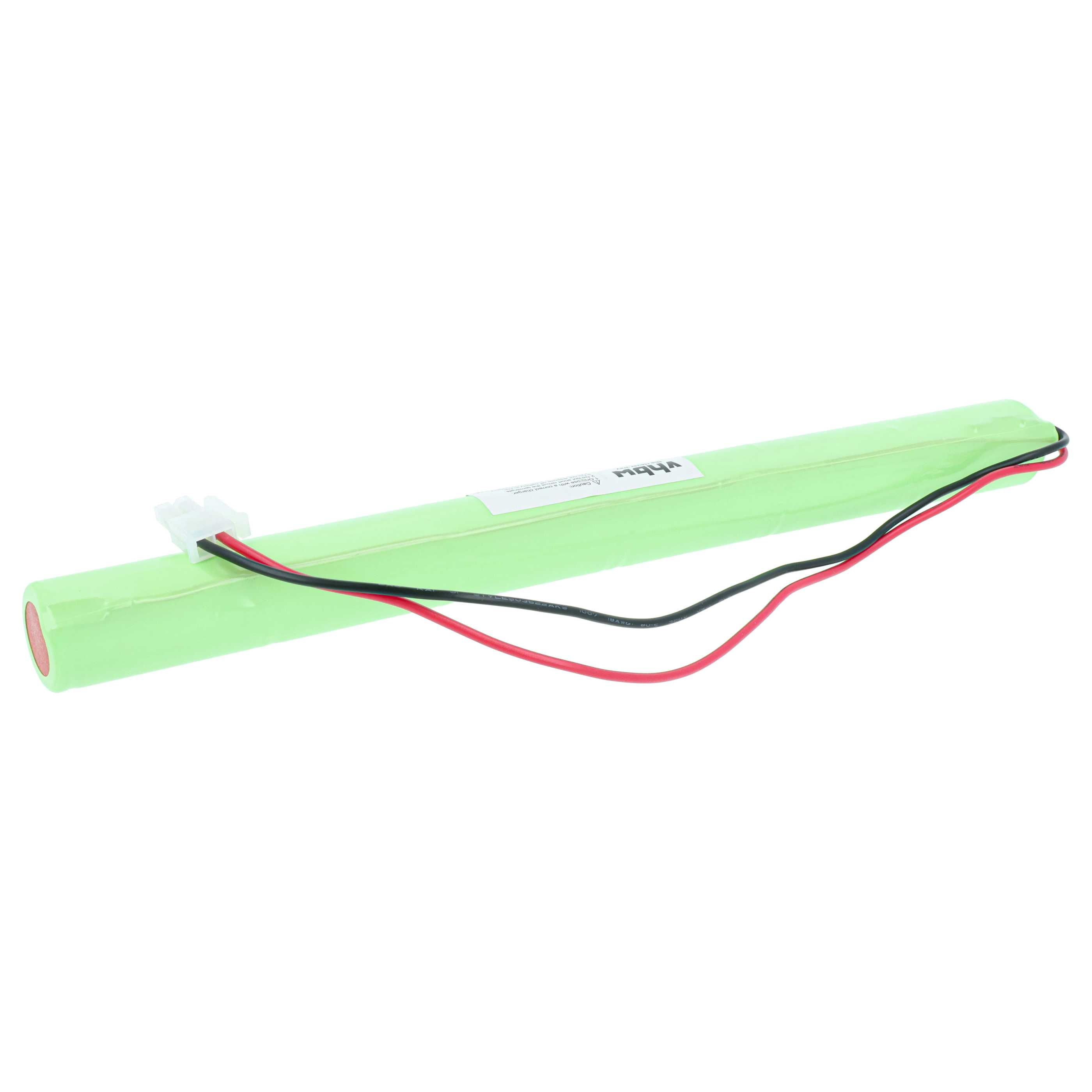 Eine grüne Batterie mit schwarzen und roten Kabeln und einem weißen Stecker.