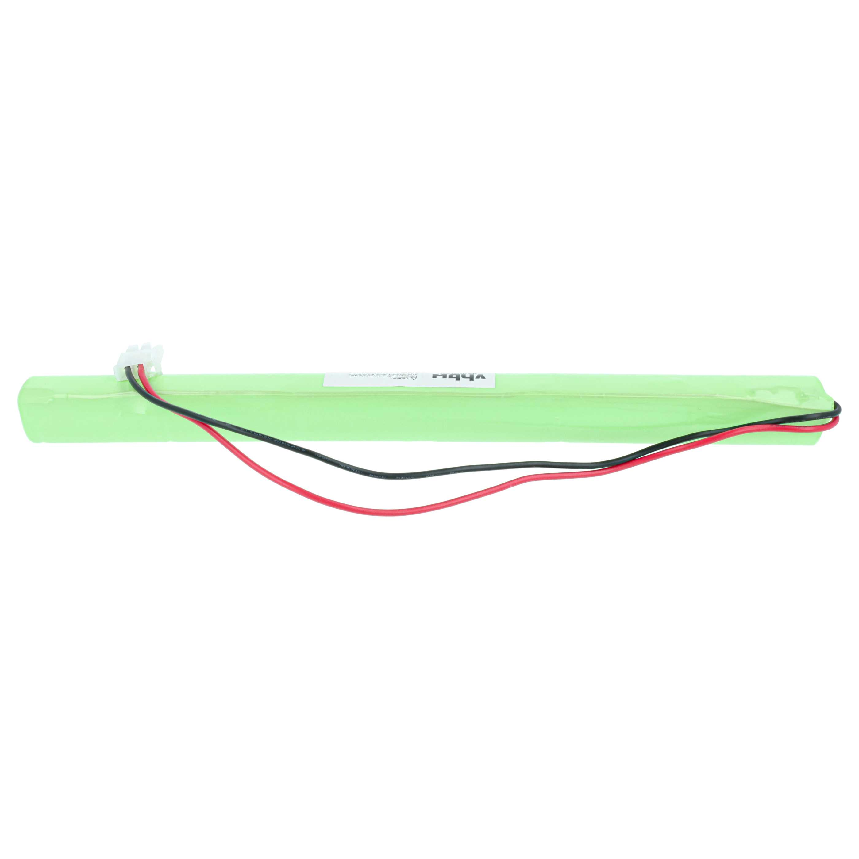 Ein grüner Akku mit roten und schwarzen Kabeln und einem weißen Stecker.