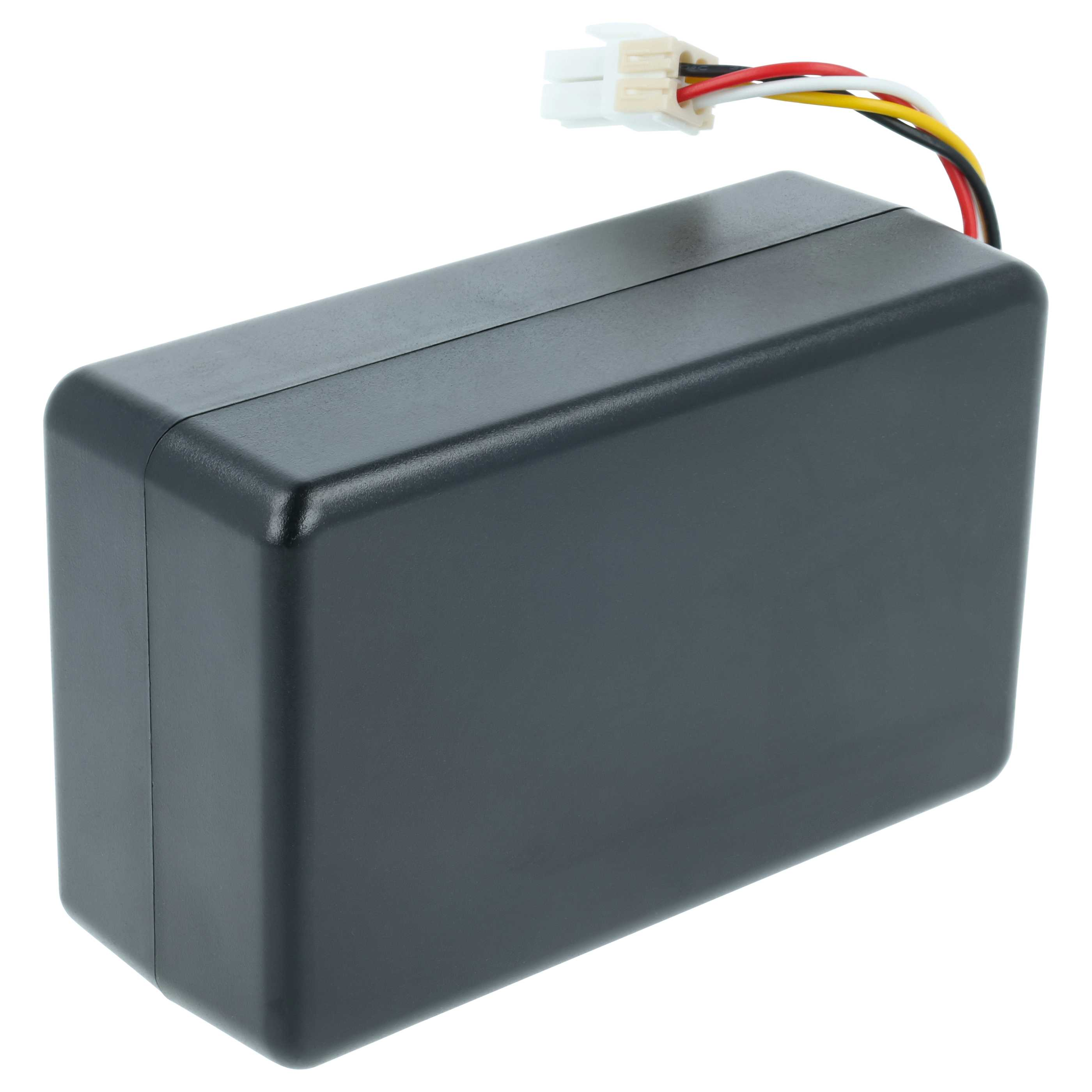 Schwarze rechteckige Batteriepackung mit weißem Stecker und Kabeln.