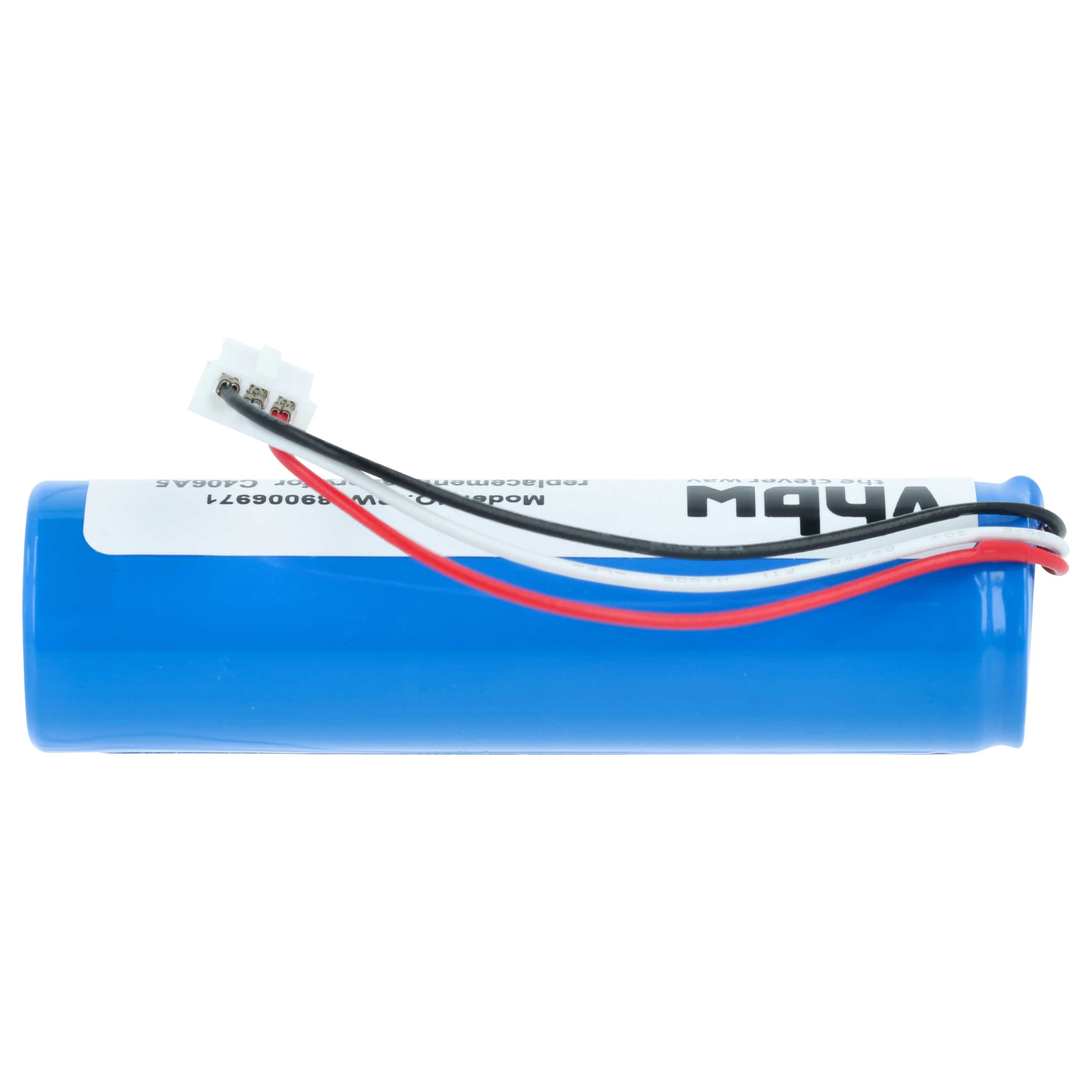Eine blaue Batterie mit drei Kabeln und einem weißen Stecker.