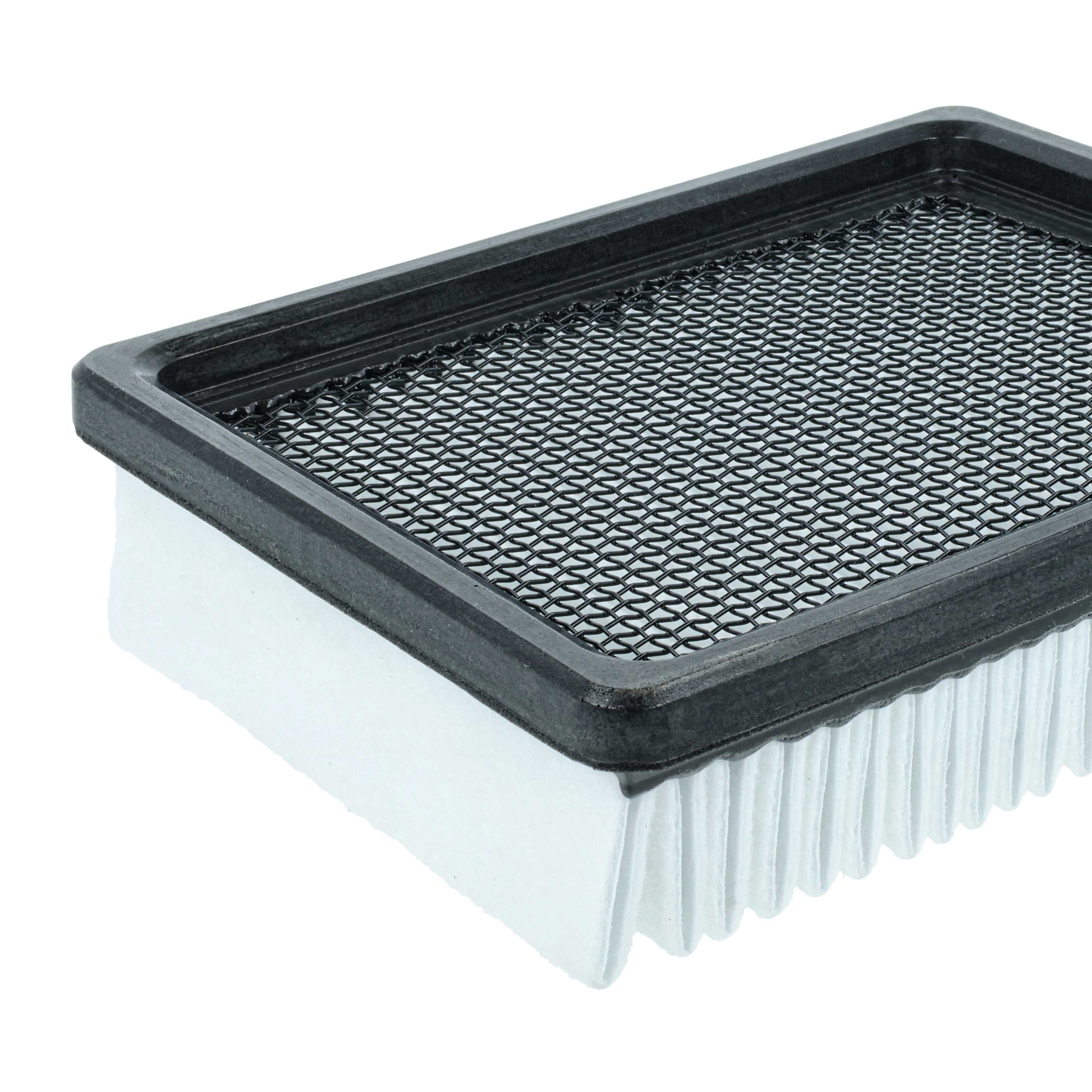 Ein rechteckiger Luftfilter mit schwarzem Gummirahmen und weißem Filtermedium.