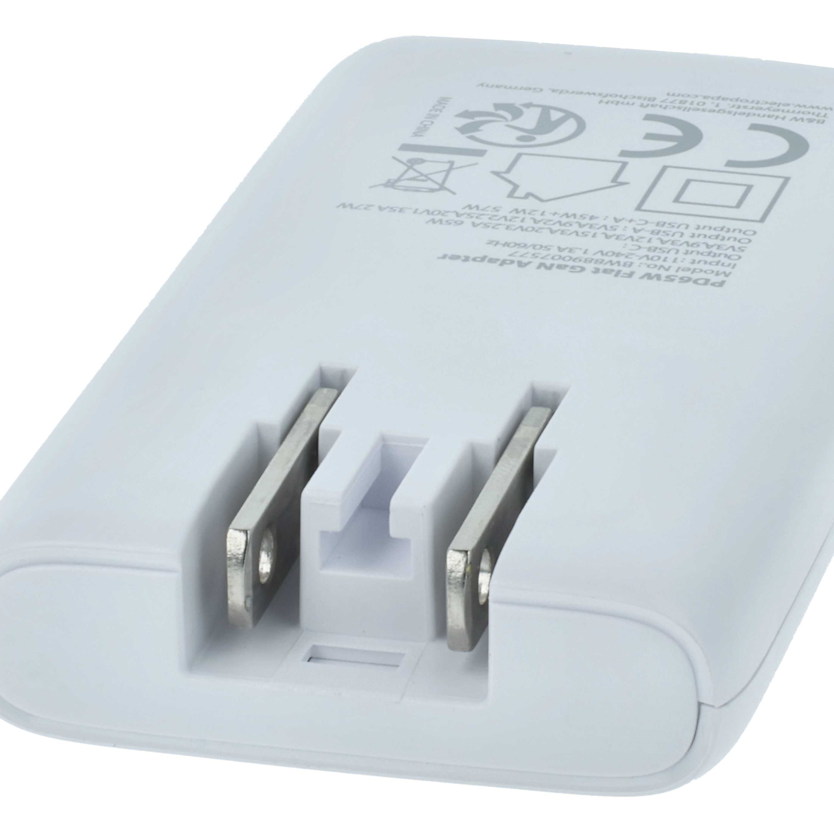 Weißer 65W PD GaN Netzadapter mit ausklappbaren Metallsteckern.