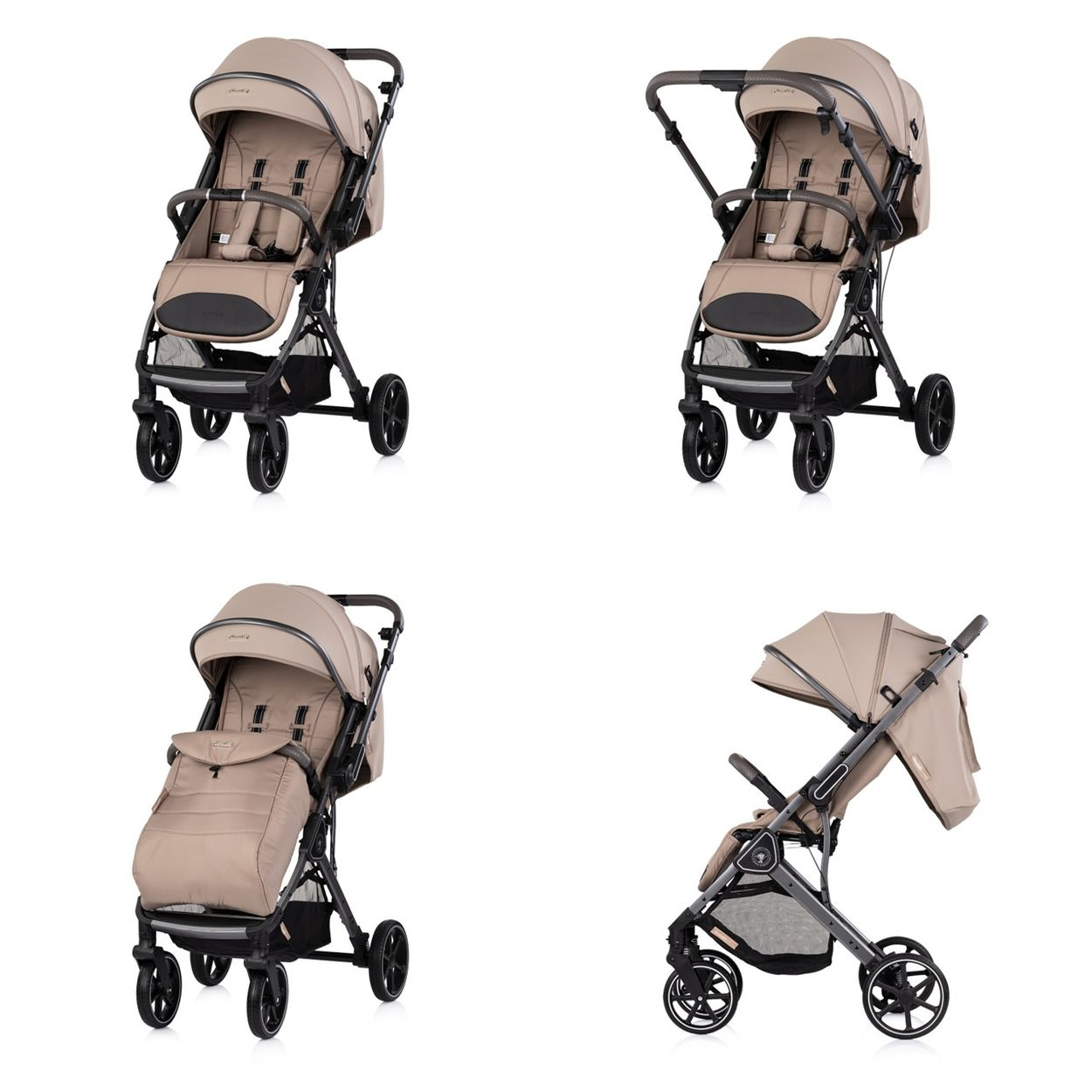 Ein beiger Kinderwagen mit schwarzem Rahmen und Rädern, aus verschiedenen Blickwinkeln.