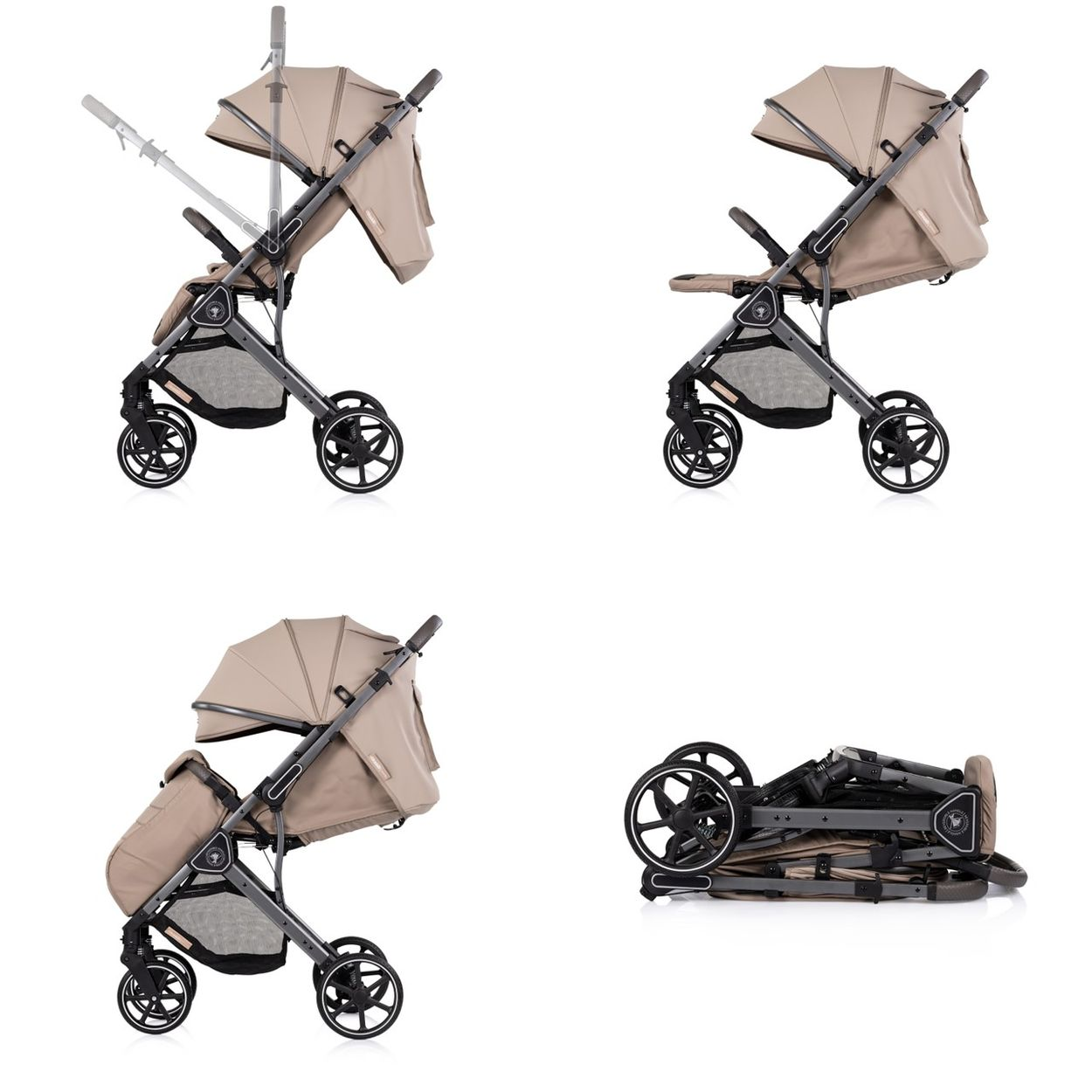 Ein beiger Kinderwagen in verschiedenen Positionen, aufgestellt und zusammengeklappt.