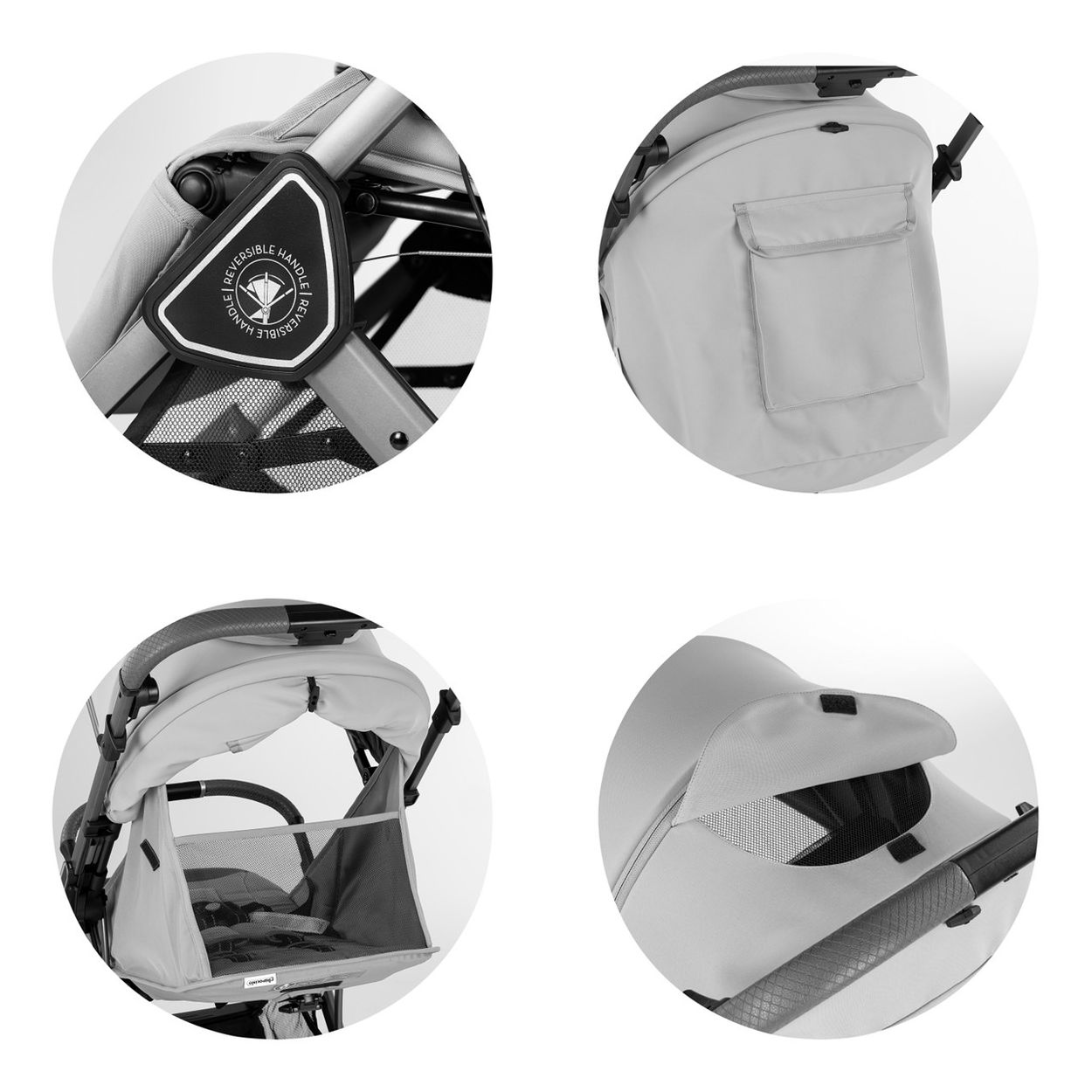Details eines Kinderwagens: Griffmechanismus, Tasche, Sitzbereich und Belüftung.
