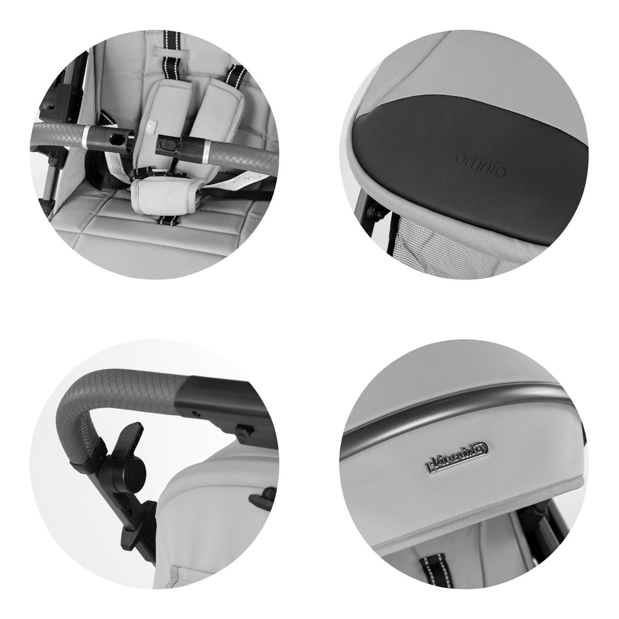 Detailansichten eines Kinderwagens: Gurte, Sitz, Griff und Logo.
