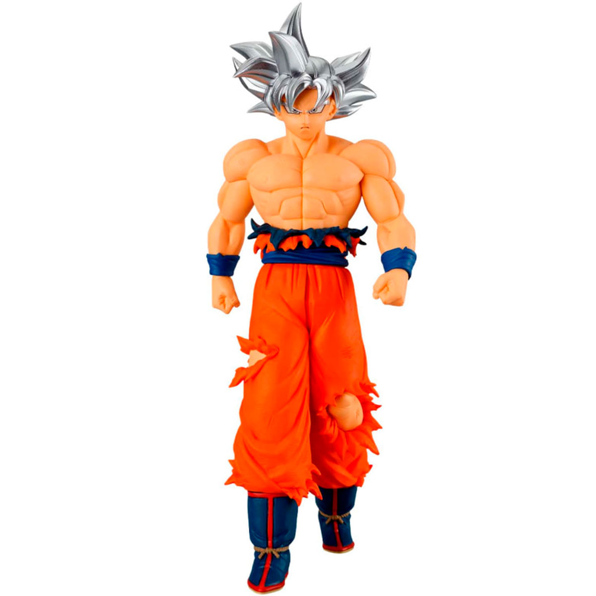 Eine Actionfigur von Goku in Ultra-Instinkt-Form mit weißem Haar und orangefarbener Kleidung.