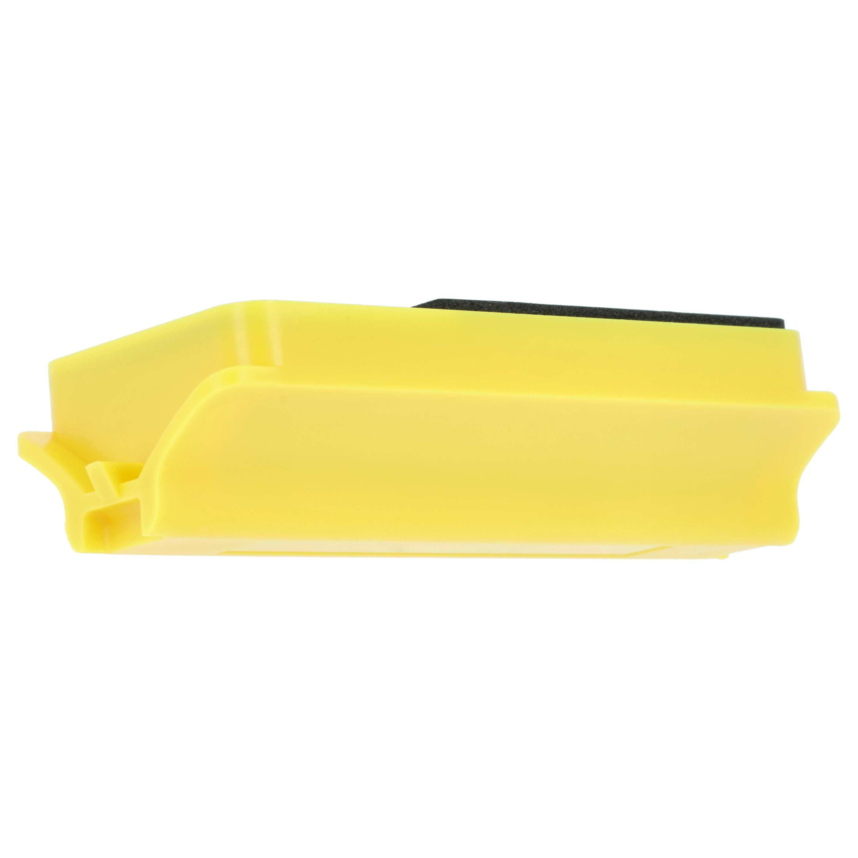 Ein gelbes, rechteckiges Plastikobjekt mit einem dünnen schwarzen Streifen oben, vor weißem Hintergrund.