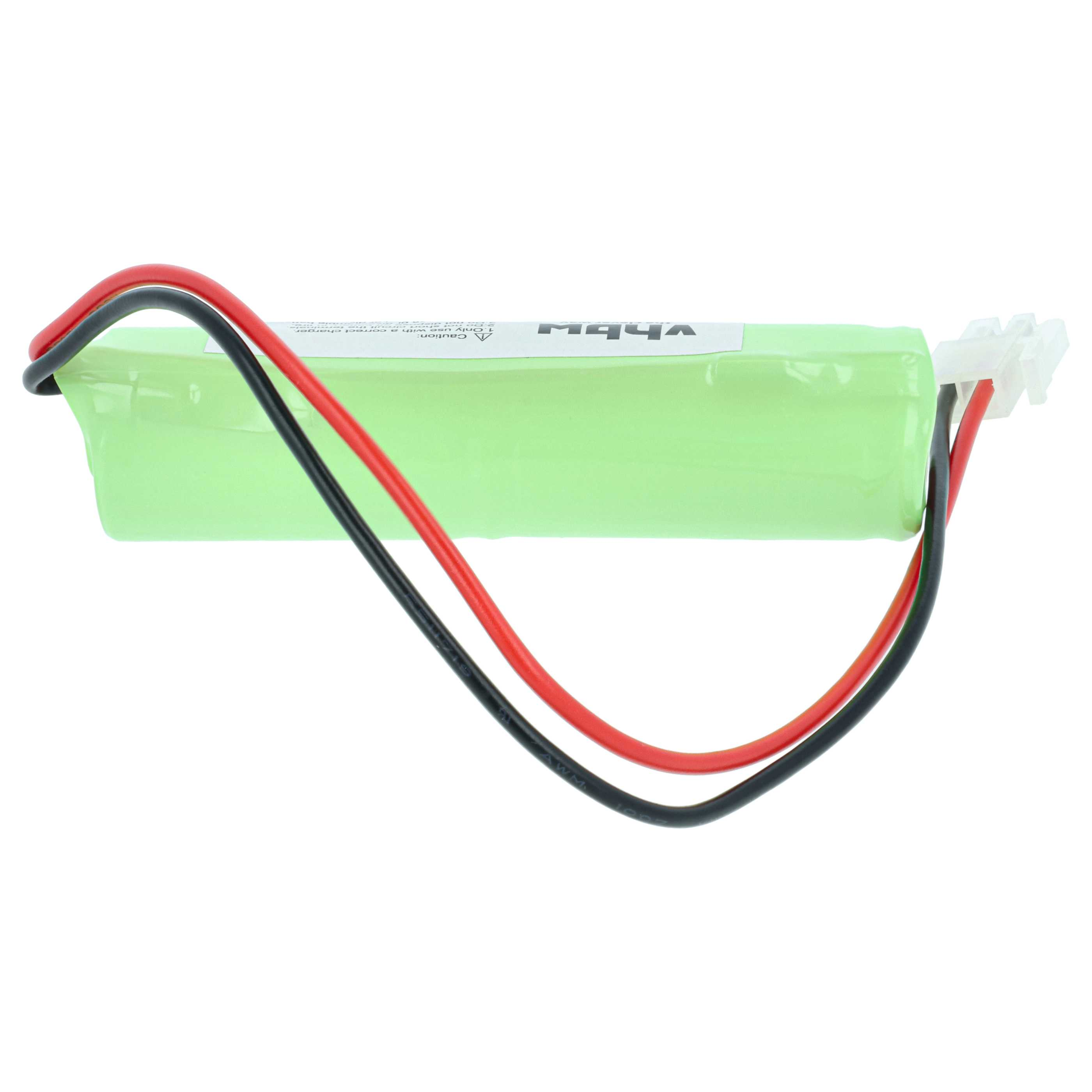 Grüne Batterie mit schwarzen und roten Kabeln und weißem Stecker.