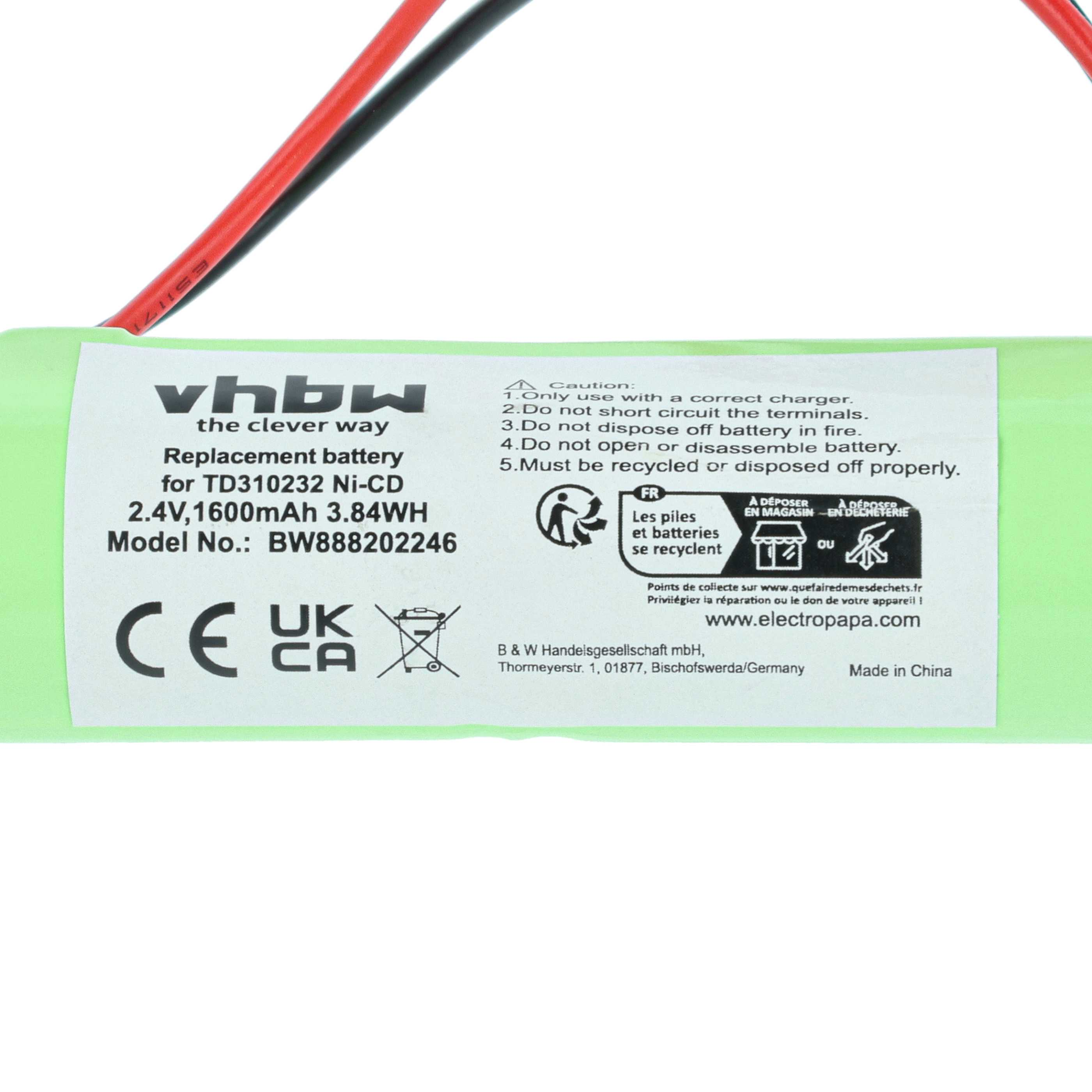 Grüne Batterie von vhbw, 2,4V, 1600mAh. Mit CE, UK CA Siegeln und Recyclinghinweisen.