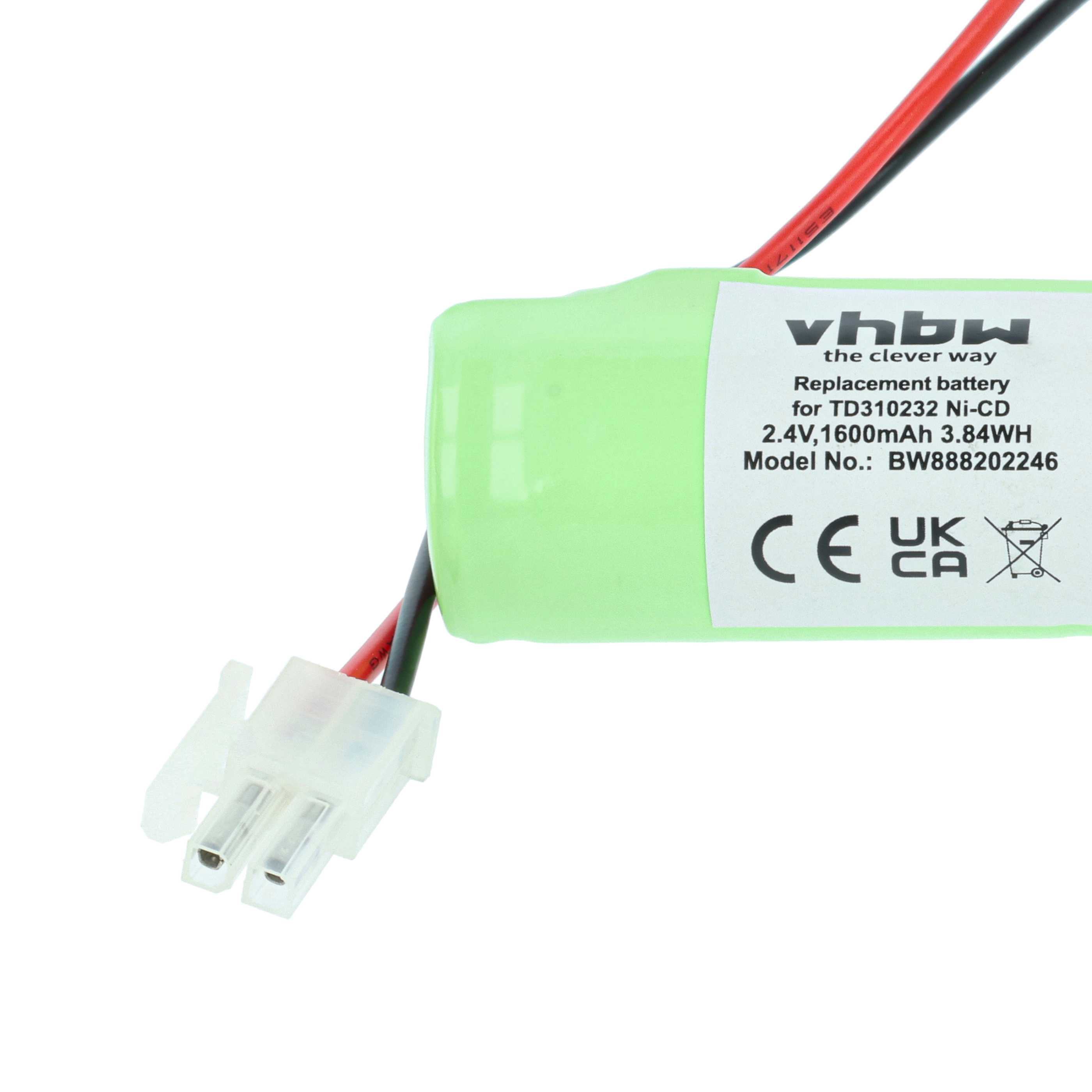 Eine grüne Ersatzbatterie mit schwarzen und roten Kabeln und einem weißen Stecker.