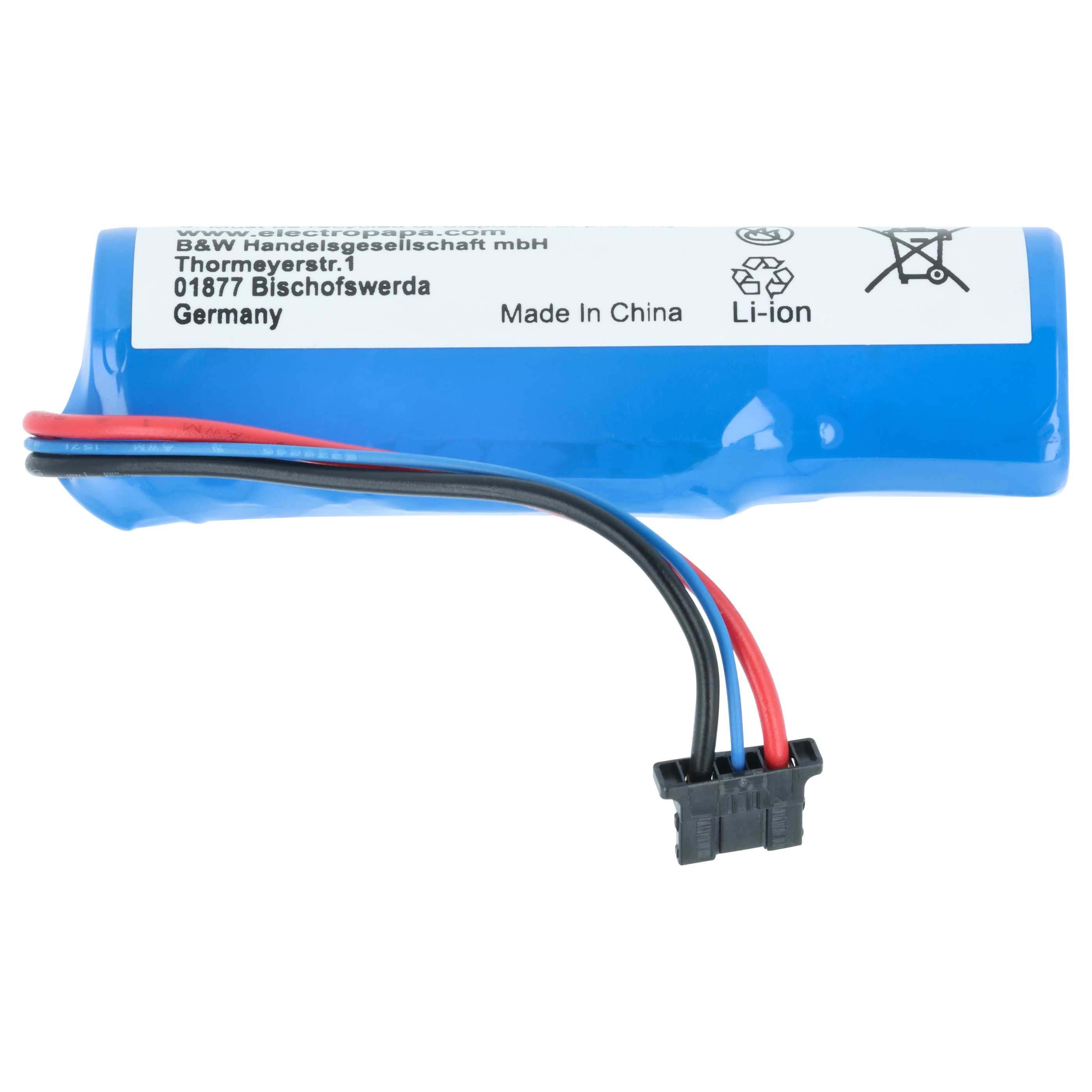 Blauer Li-ion Akku mit drei Kabeln (rot, blau, schwarz) und Stecker.