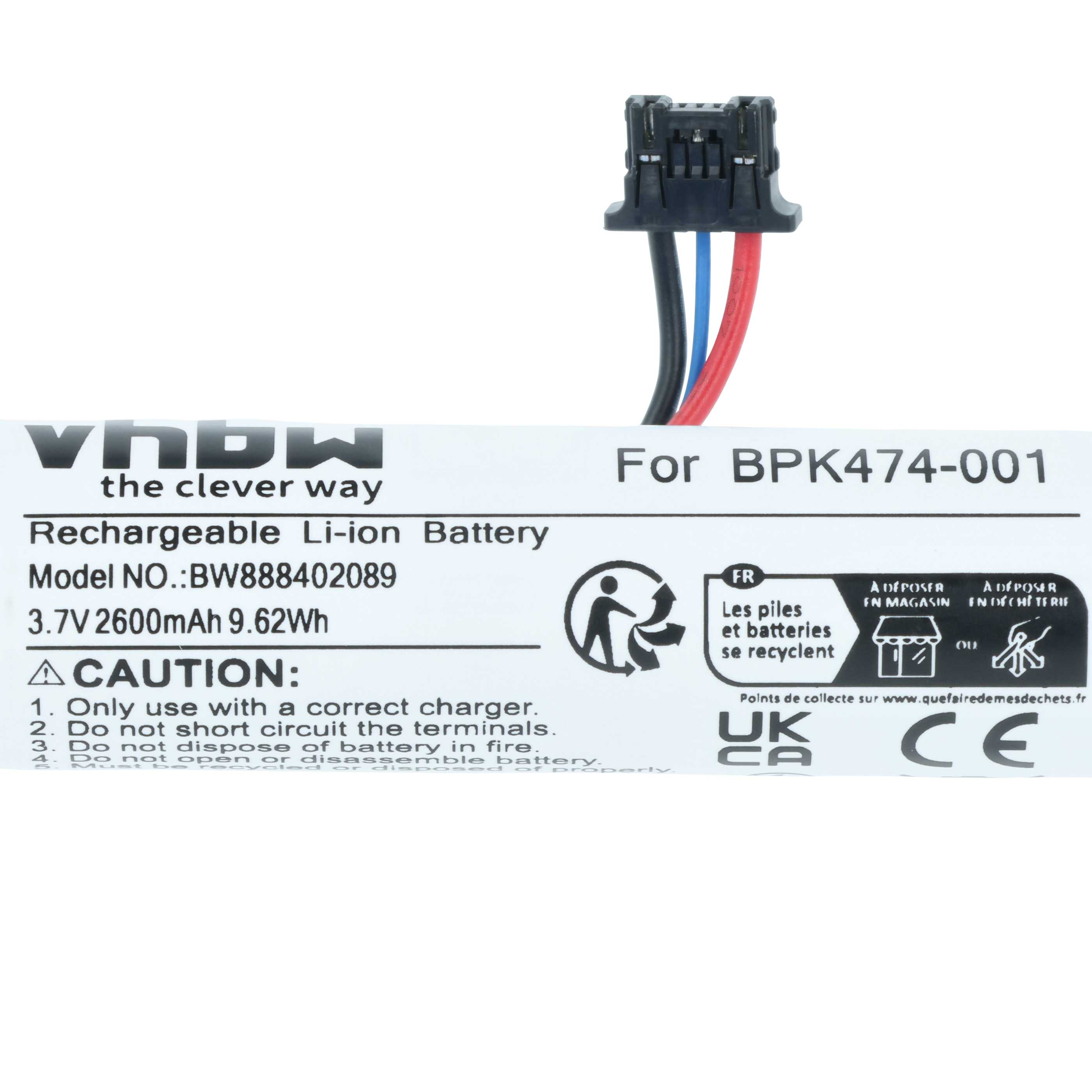 VHBW Li-Ion Akku für BPK474-001, 3.7V 2600mAh, mit Kabel und Stecker.