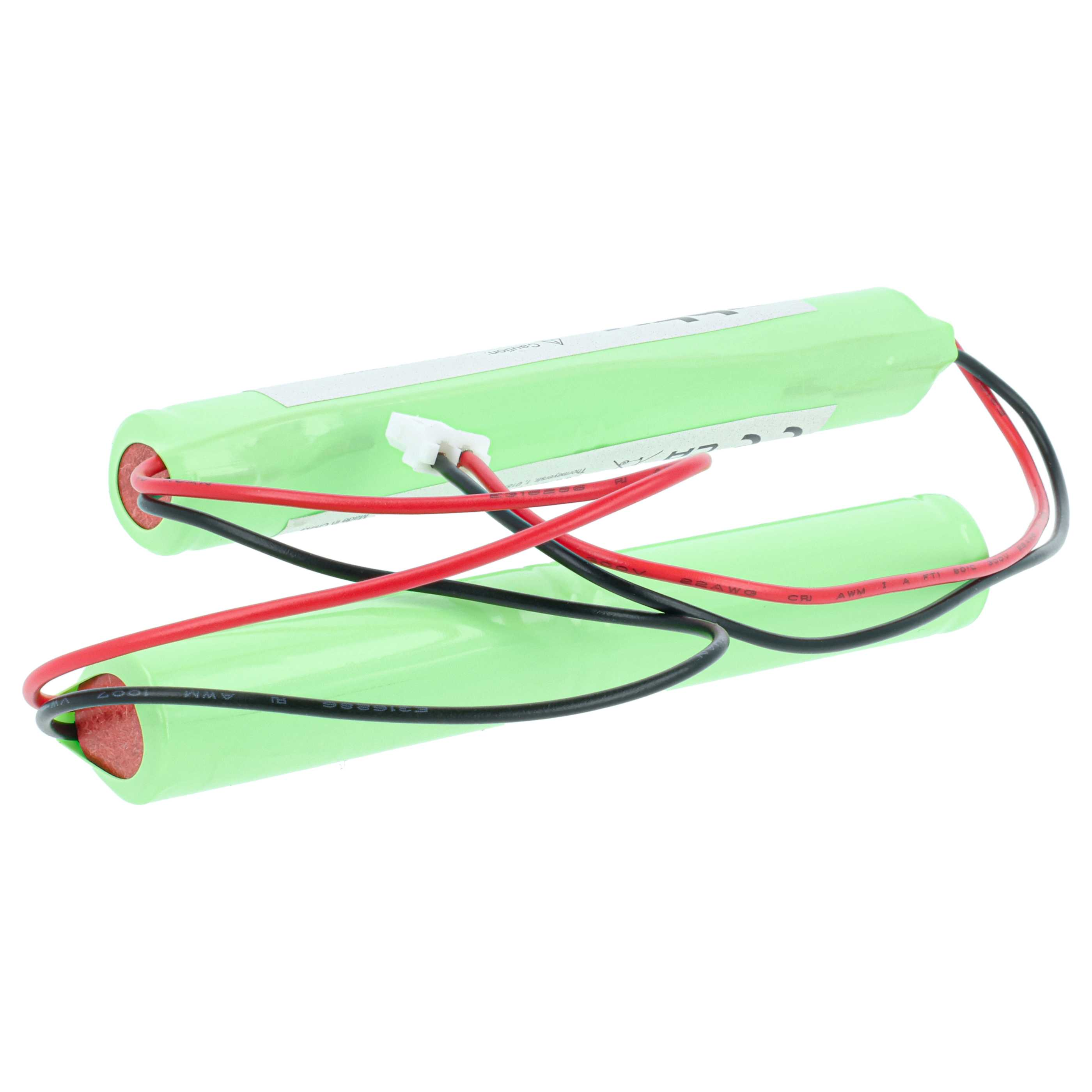 Zwei grüne Batterien mit roten und schwarzen Kabeln und einem weißen Stecker.
