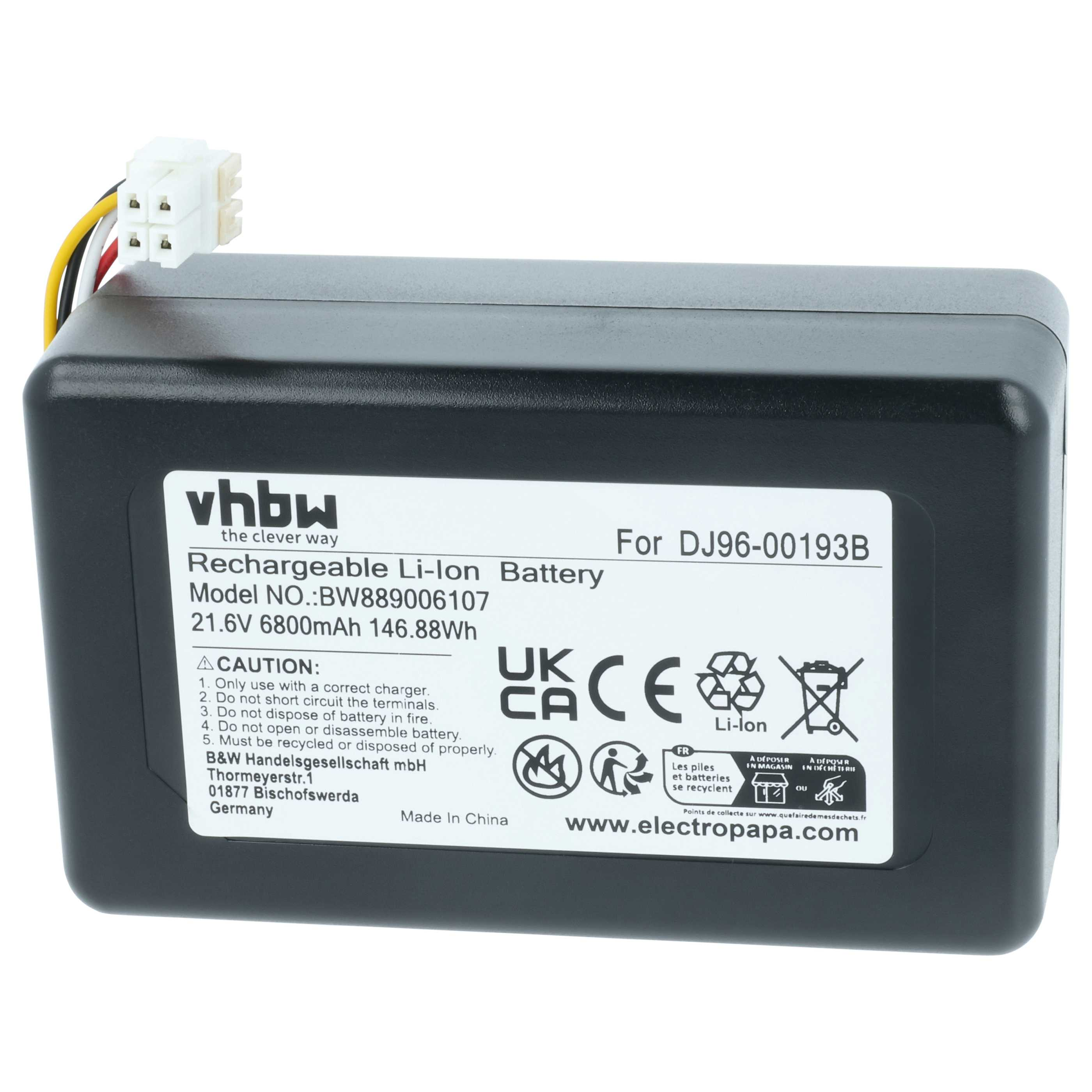 Schwarzer Li-Ion Akku mit weißem Anschluss, 21.6V, 6800mAh, für DJ96-00193B.