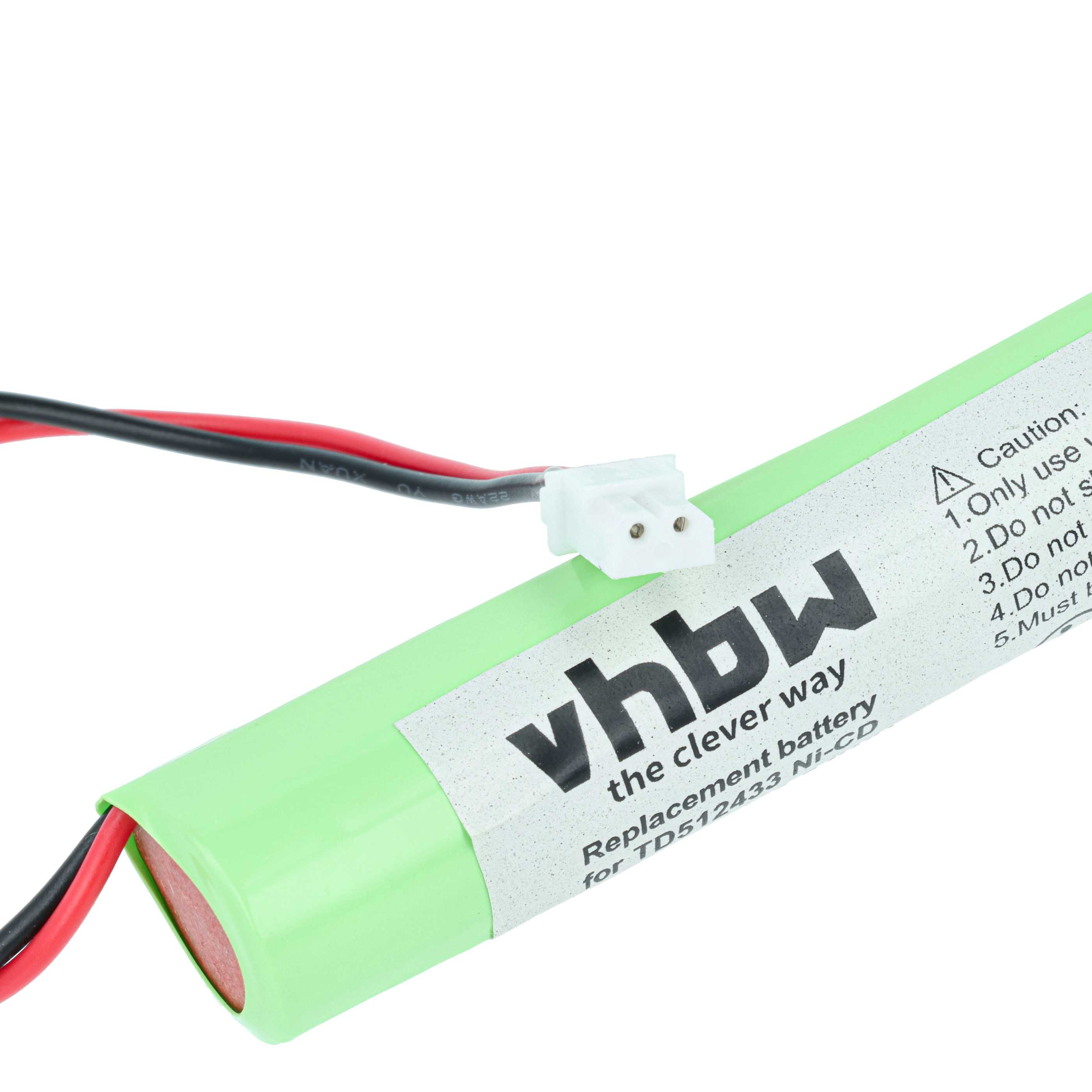 Grüne Batterie mit Kabeln und einem weißen Stecker. Text: vhbw.